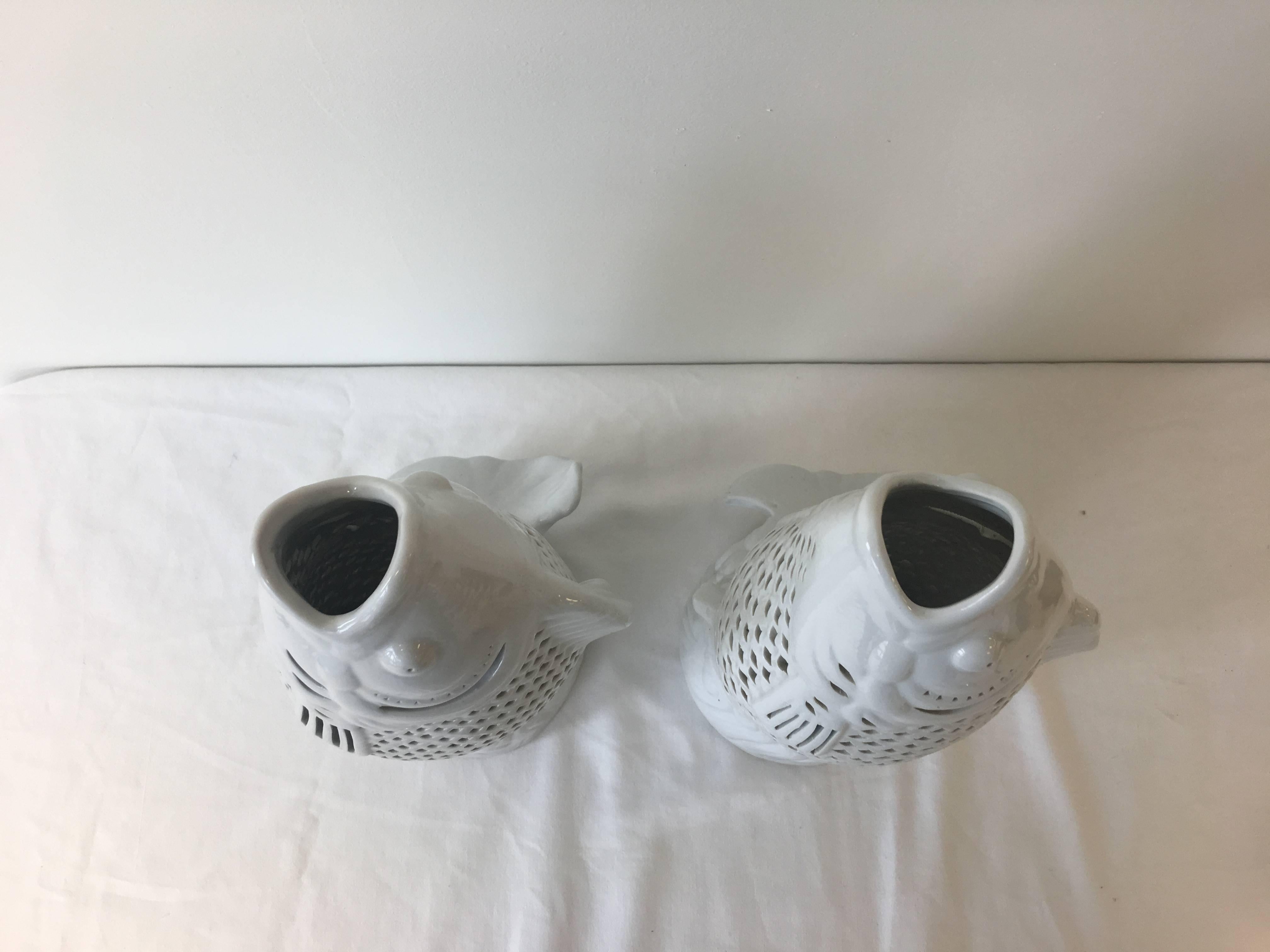 20th Century 1960s Blanc de Chine Koi Carp Fish Sculptural Vases, Pair For Sale
