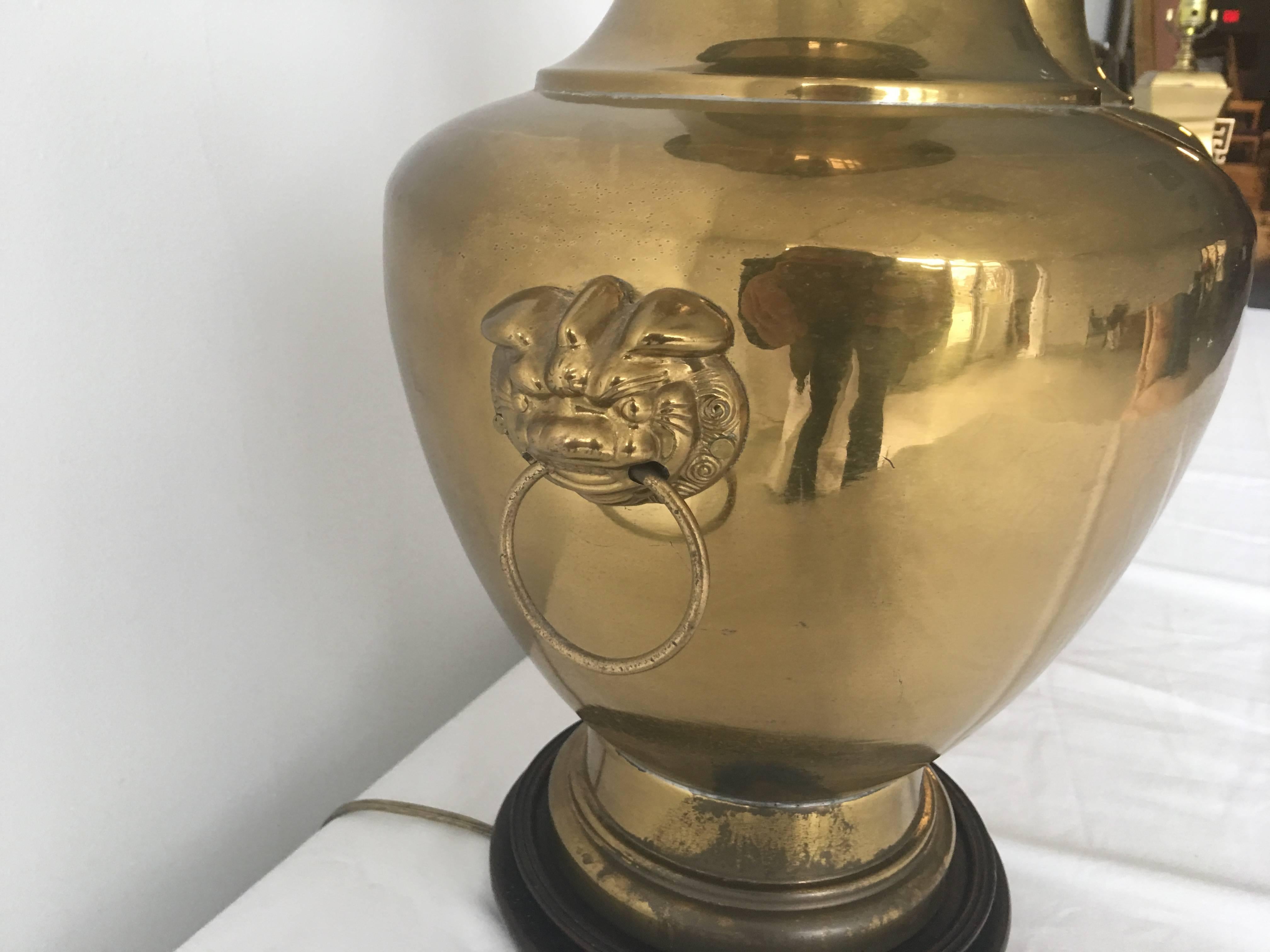 20th Century Large Brass Asian Urn Lamps with Foo Dog Accents, Pair