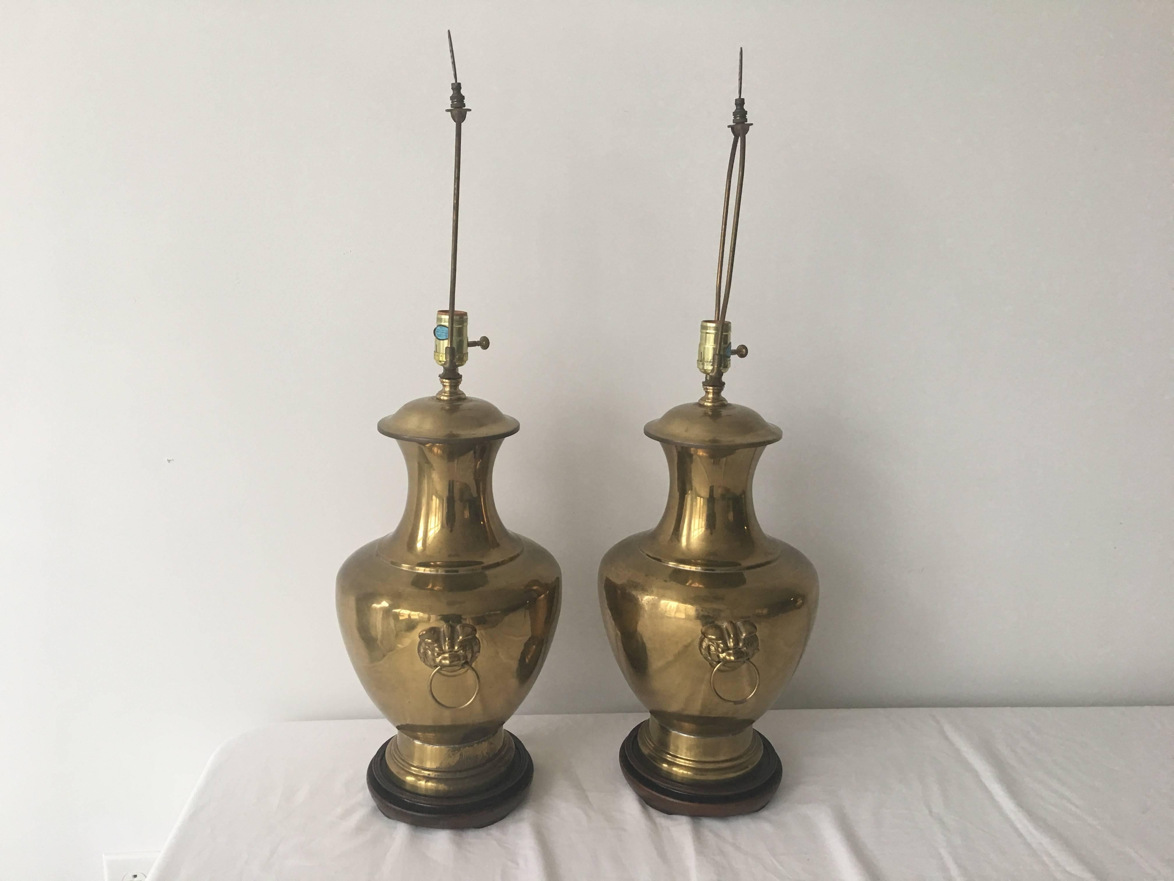Large Brass Asian Urn Lamps with Foo Dog Accents, Pair 2
