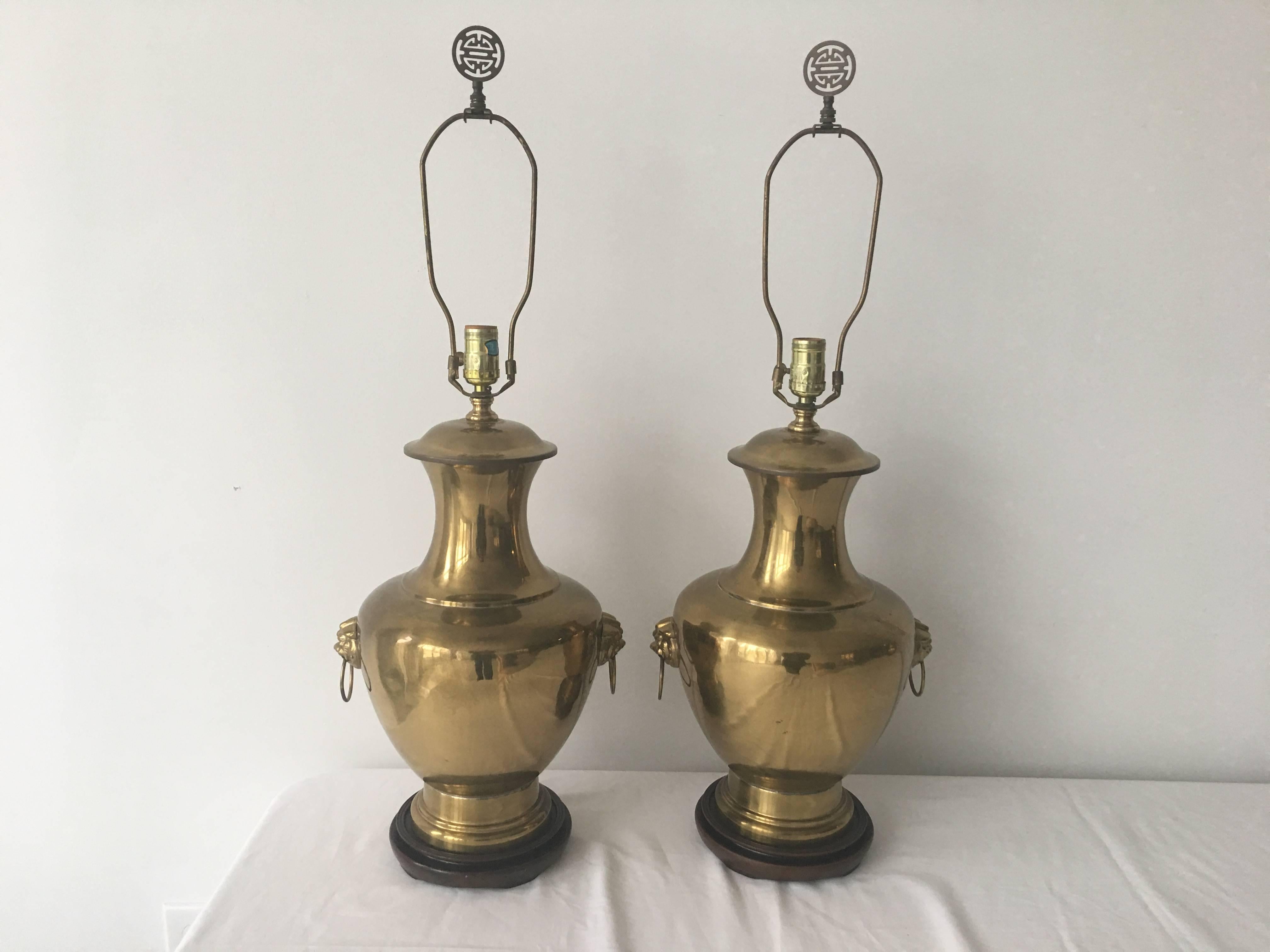 Large Brass Asian Urn Lamps with Foo Dog Accents, Pair 3