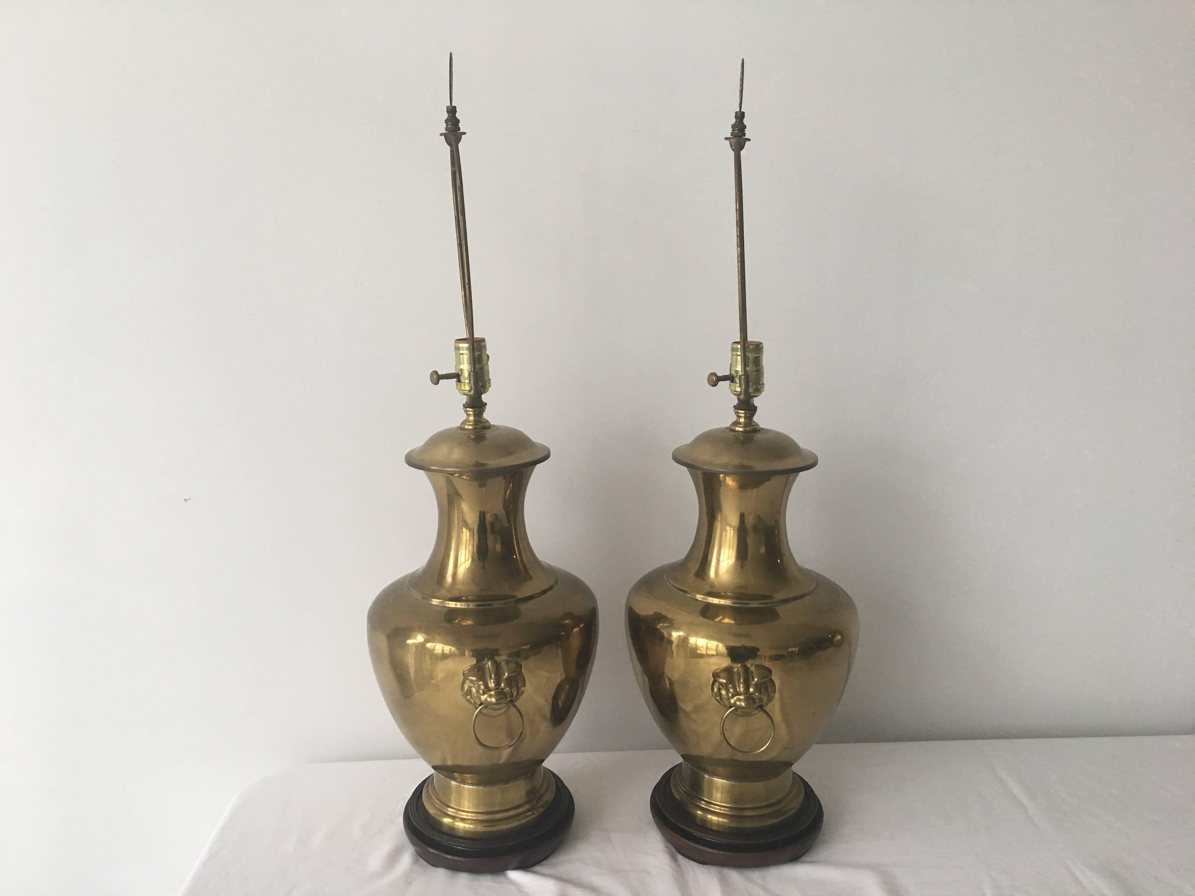 Large Brass Asian Urn Lamps with Foo Dog Accents, Pair 4
