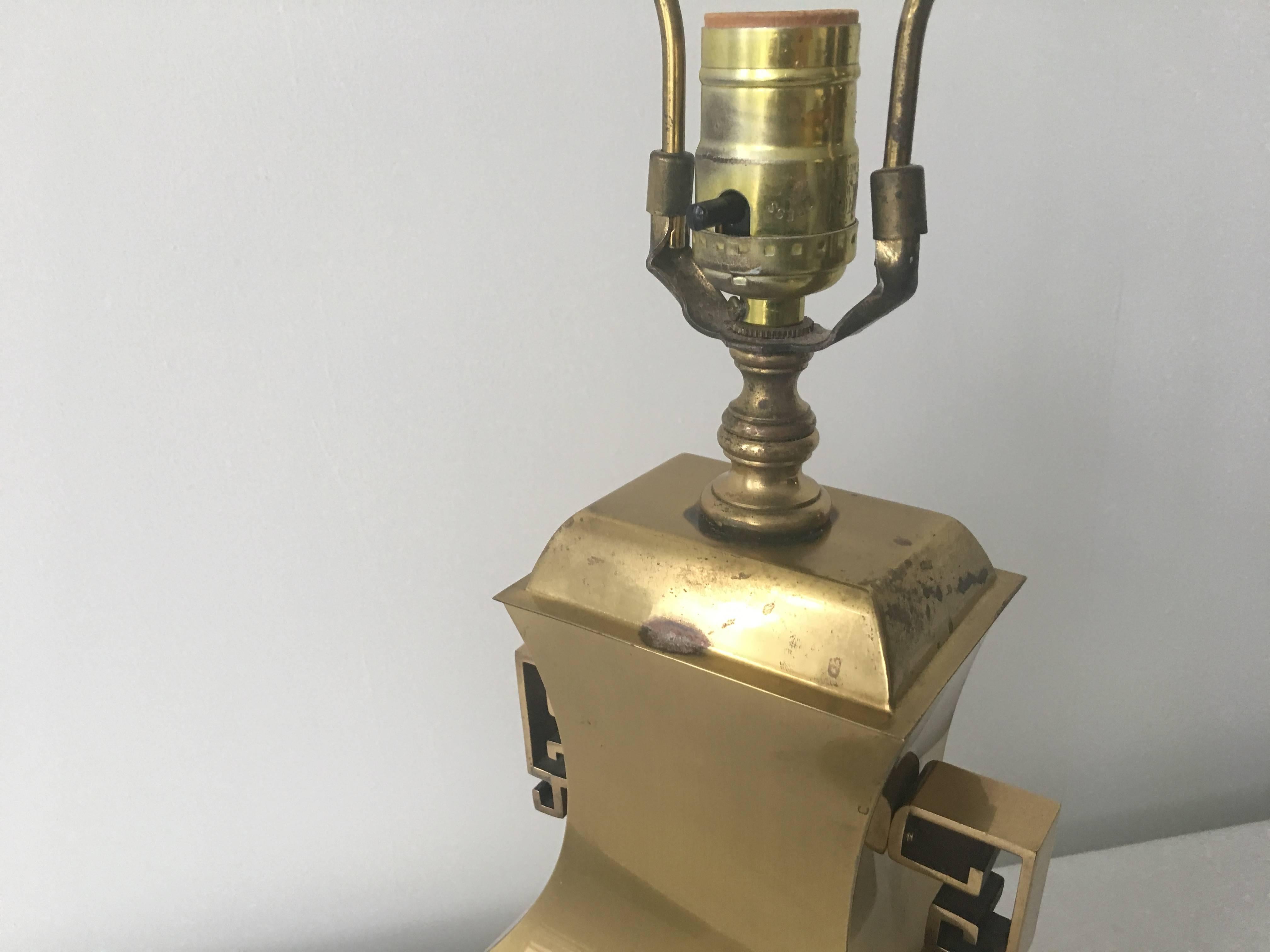 1970s Brass Asian Urn Lamp with Greek Key Detailing For Sale 1