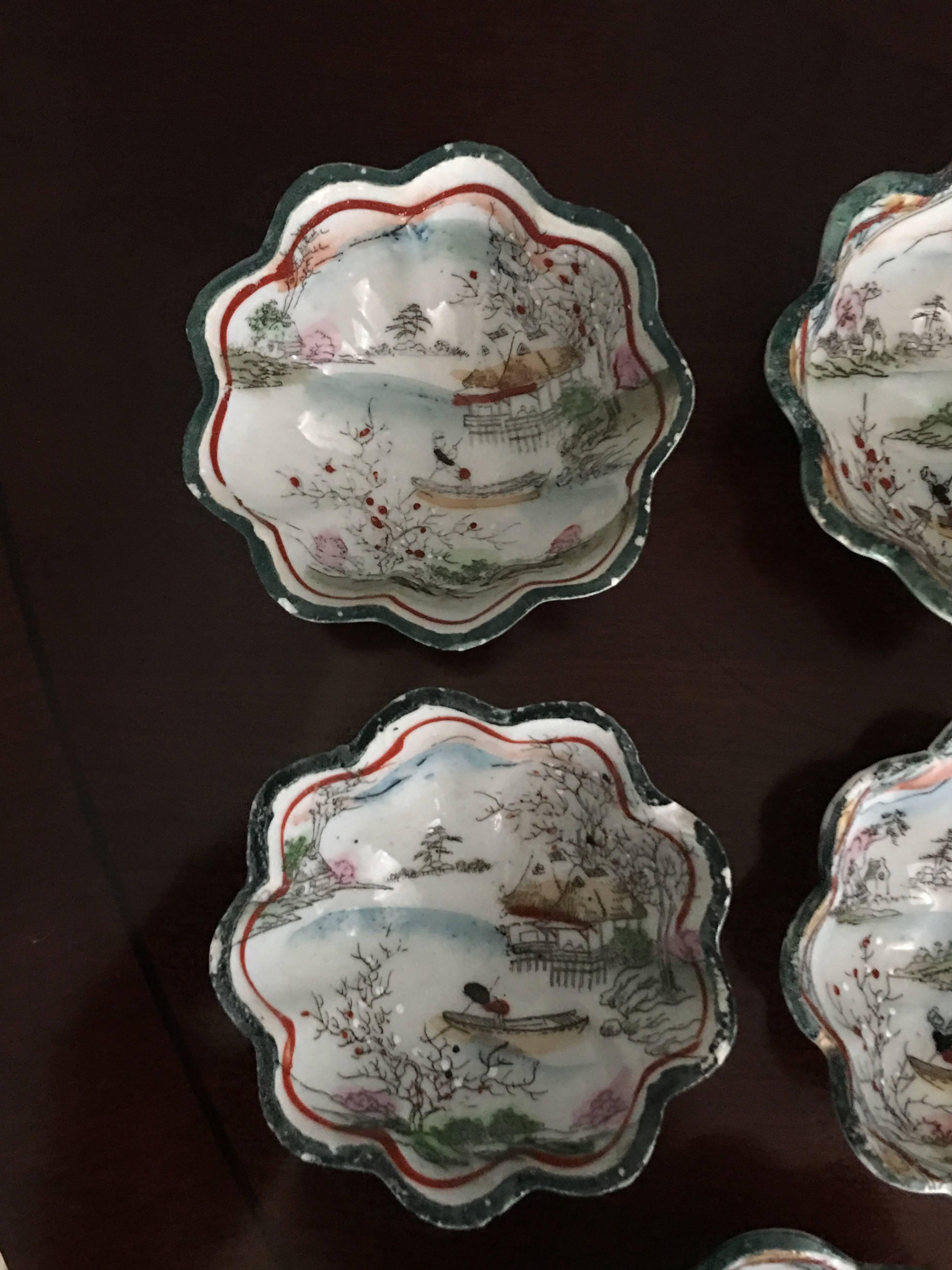Offered is an immaculate set of five, 19th century Asian decorative bowls. Each feature a replicated image of ornate scenery.