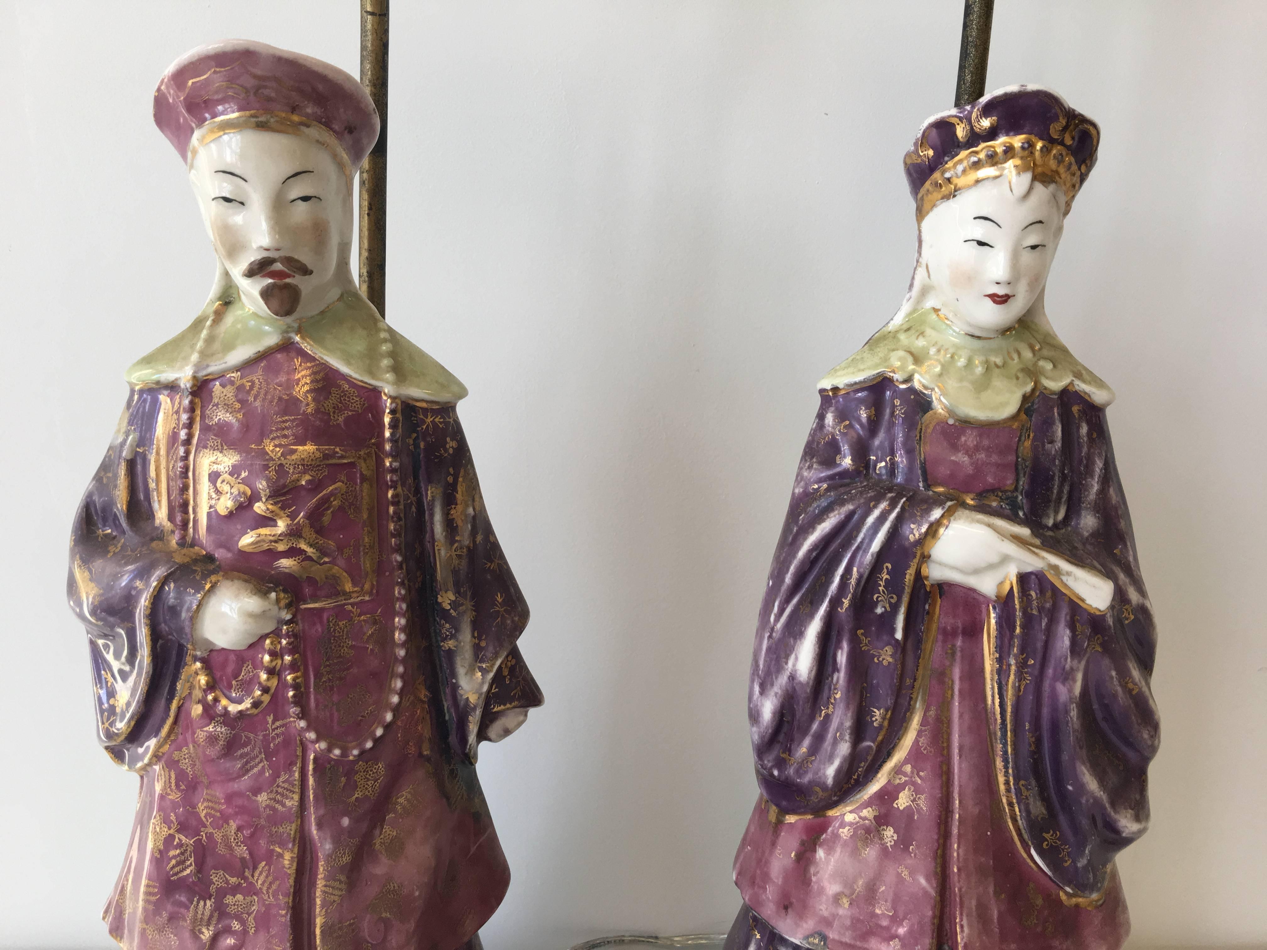 Chinoiserie 1920s Asian Emperor and Empress Statue Lamps