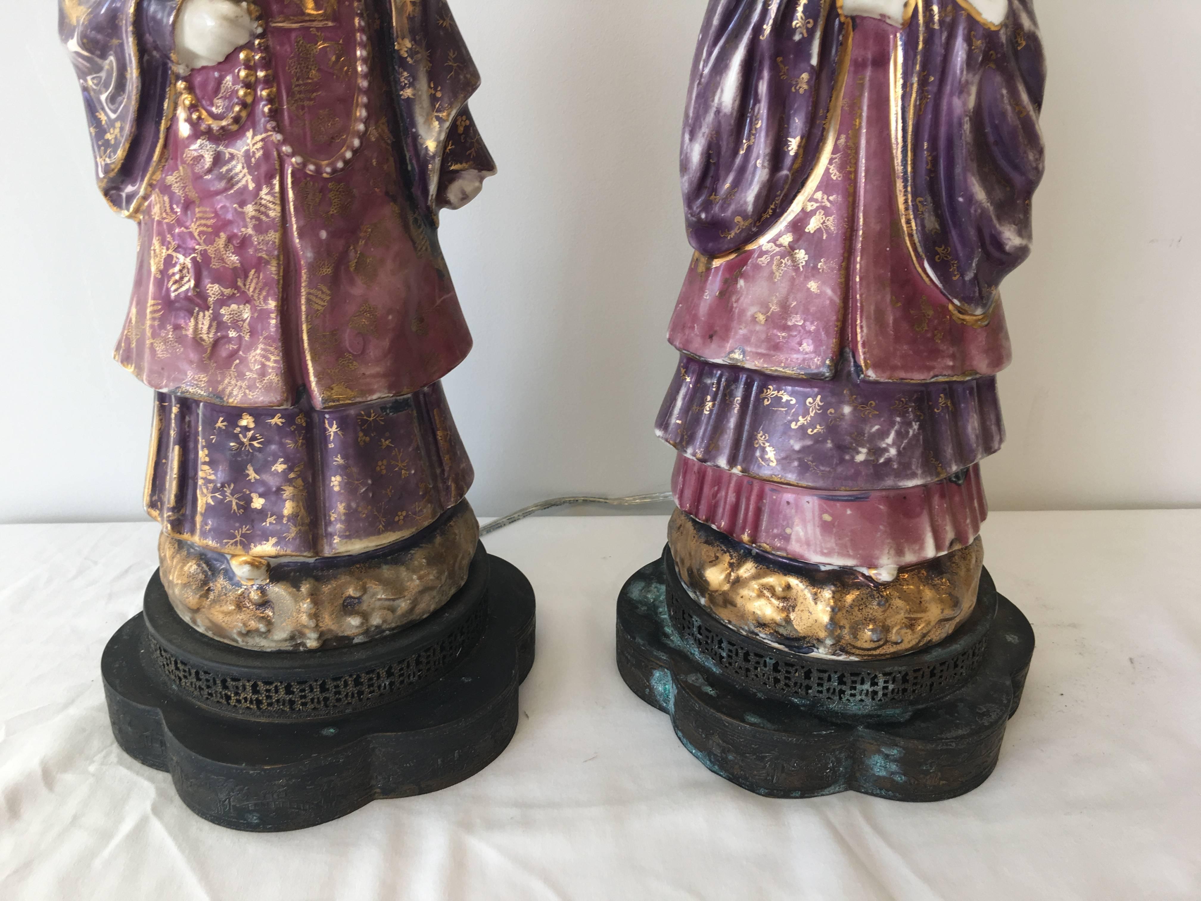 1920s Asian Emperor and Empress Statue Lamps In Excellent Condition In Richmond, VA