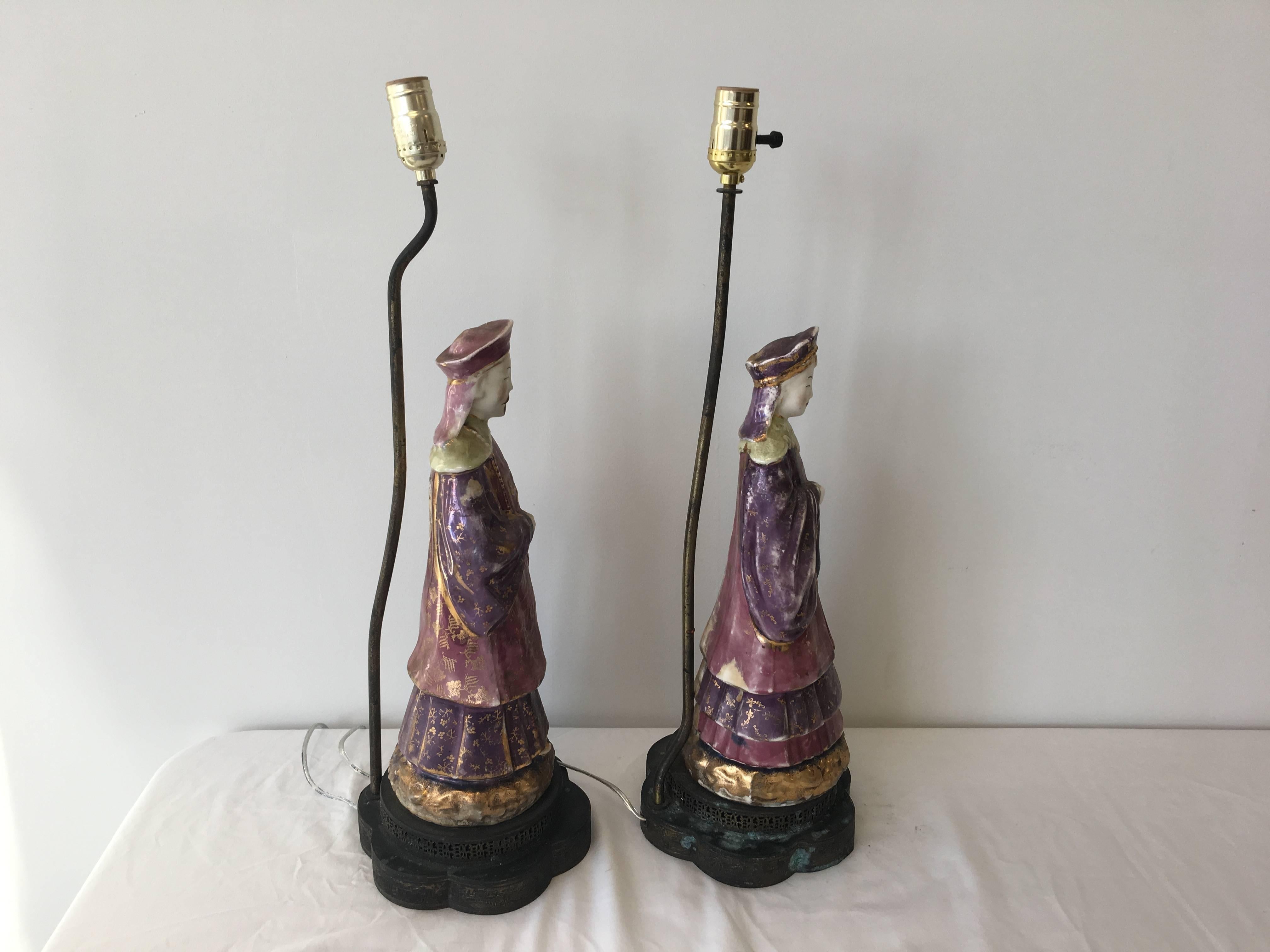 1920s Asian Emperor and Empress Statue Lamps 1