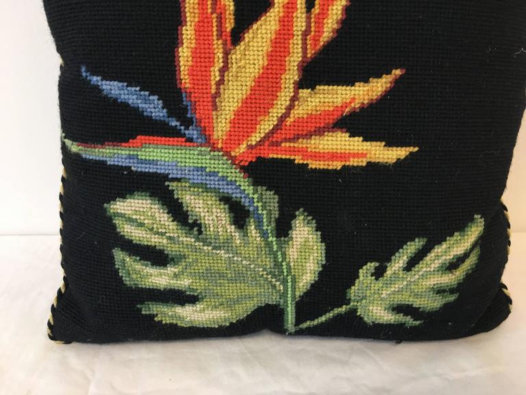 1920s Art Deco Black Needlepoint Pillow with Birds of Paradise Floral