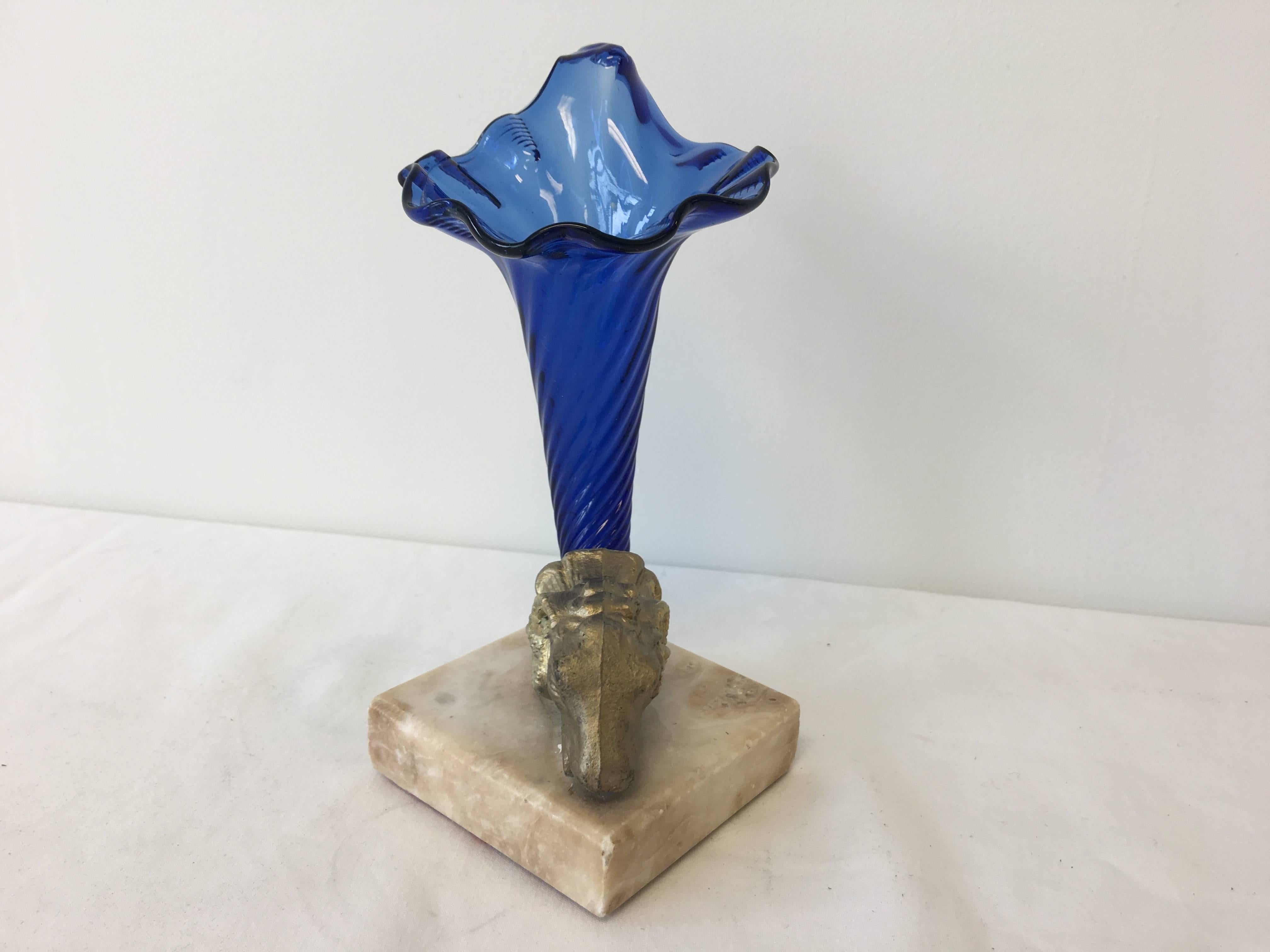 Offered is a stunning, 19th century Baccarat, Art Nouveau blue glass epergne vase. Features a bronze ram head, rested upon a white or off-white marble base.