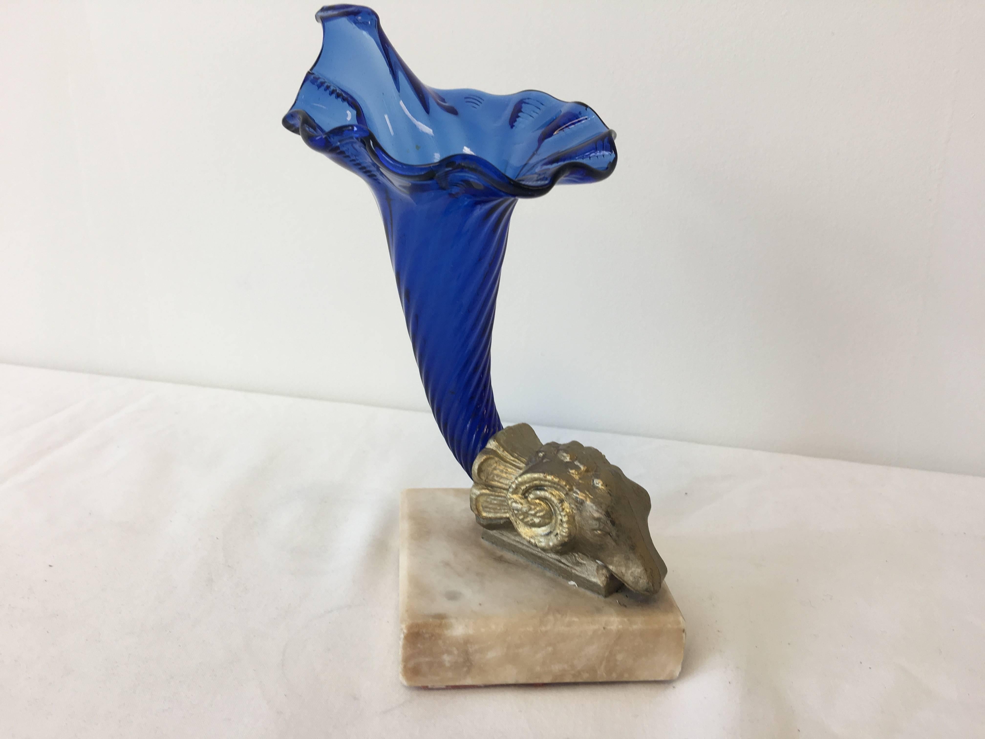Art Nouveau 19th Century Baccarat Blue Glass Epergne with Bronze Ram Head and Marble Base