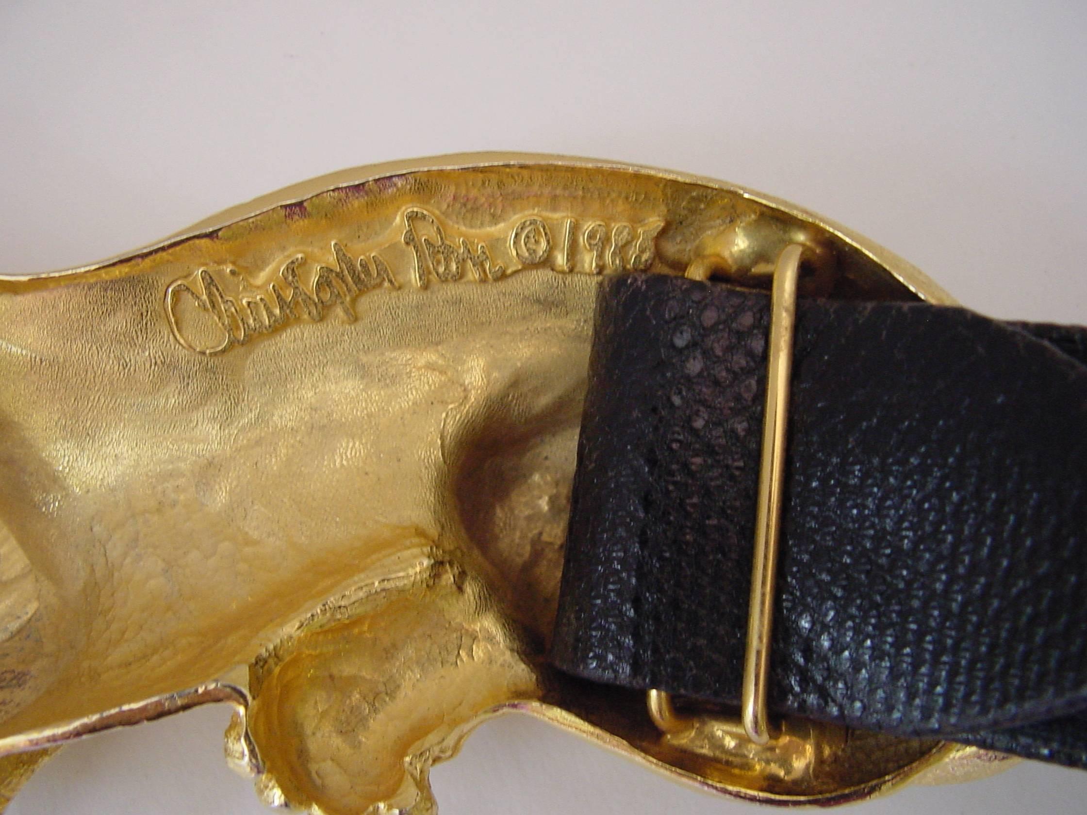 Embossed 1985 Christopher Ross 24-Karat Gold Panther Belt Buckle and Black Leather Belt