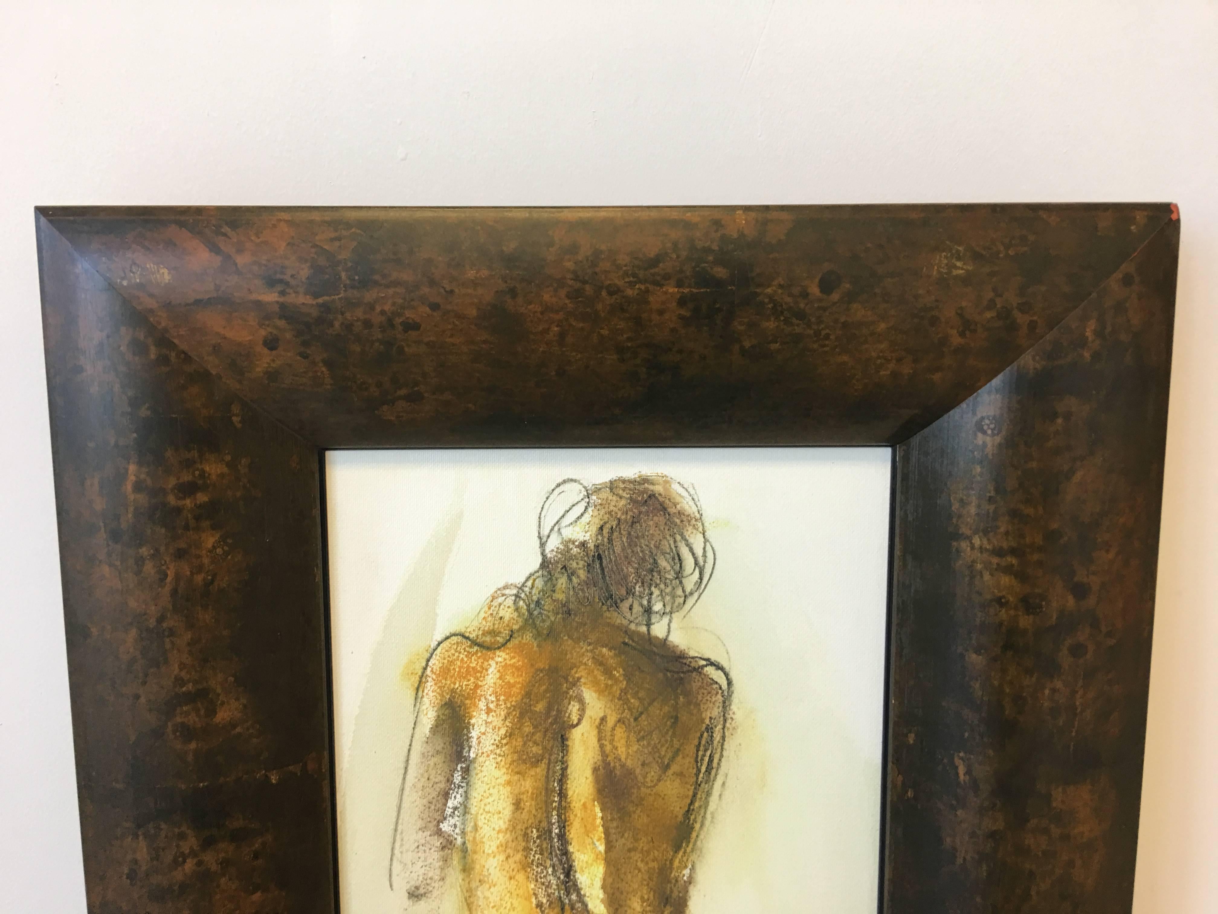 Offered is a magnificent, modern painting of a nude female. Framed in a thick, burl wood. Signed along bottom right, though illegible.