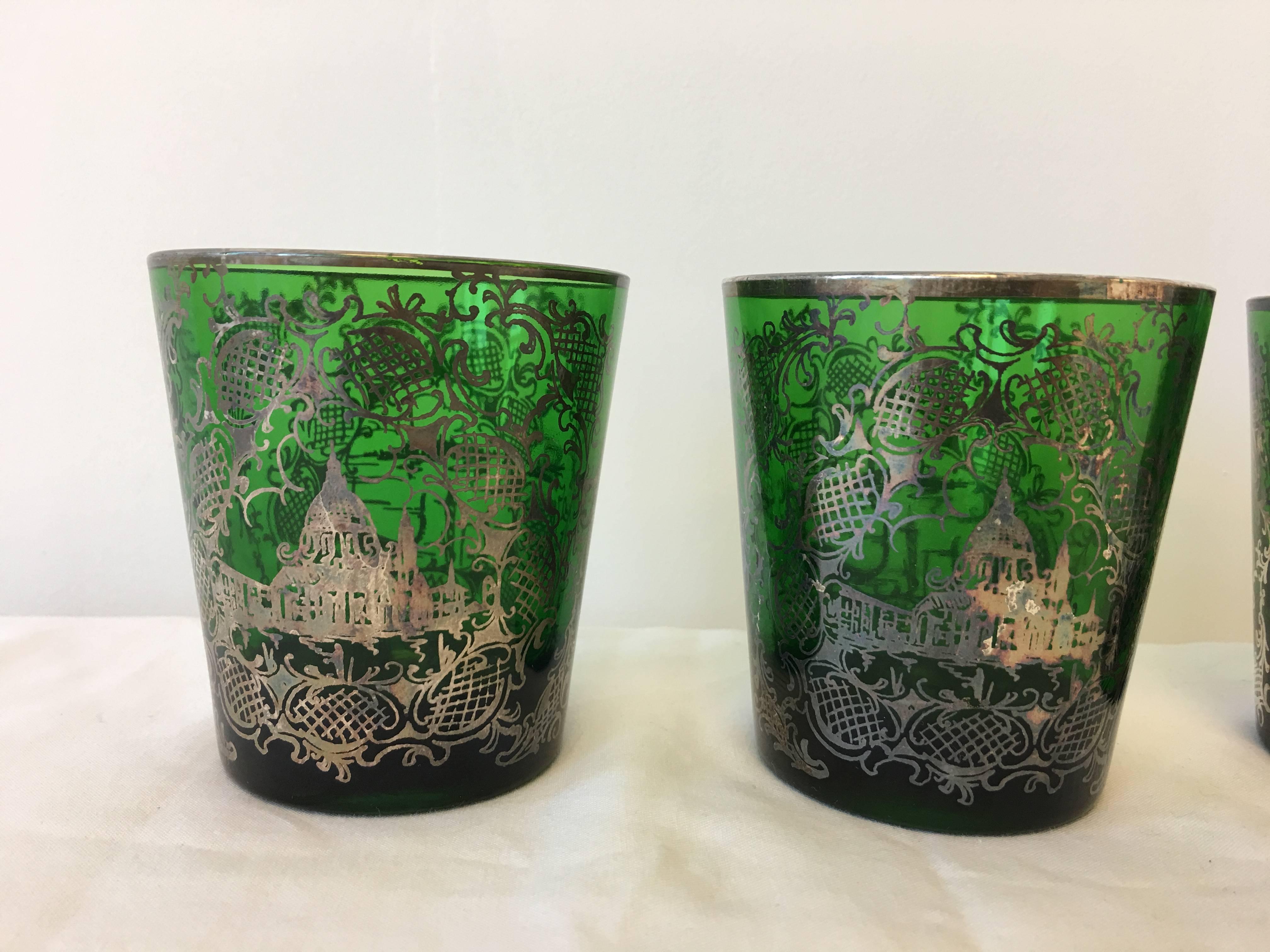 Offered is a fabulous, set of four, 1940's ornate green and silver inlay glasses. These would make perfect candleholders.