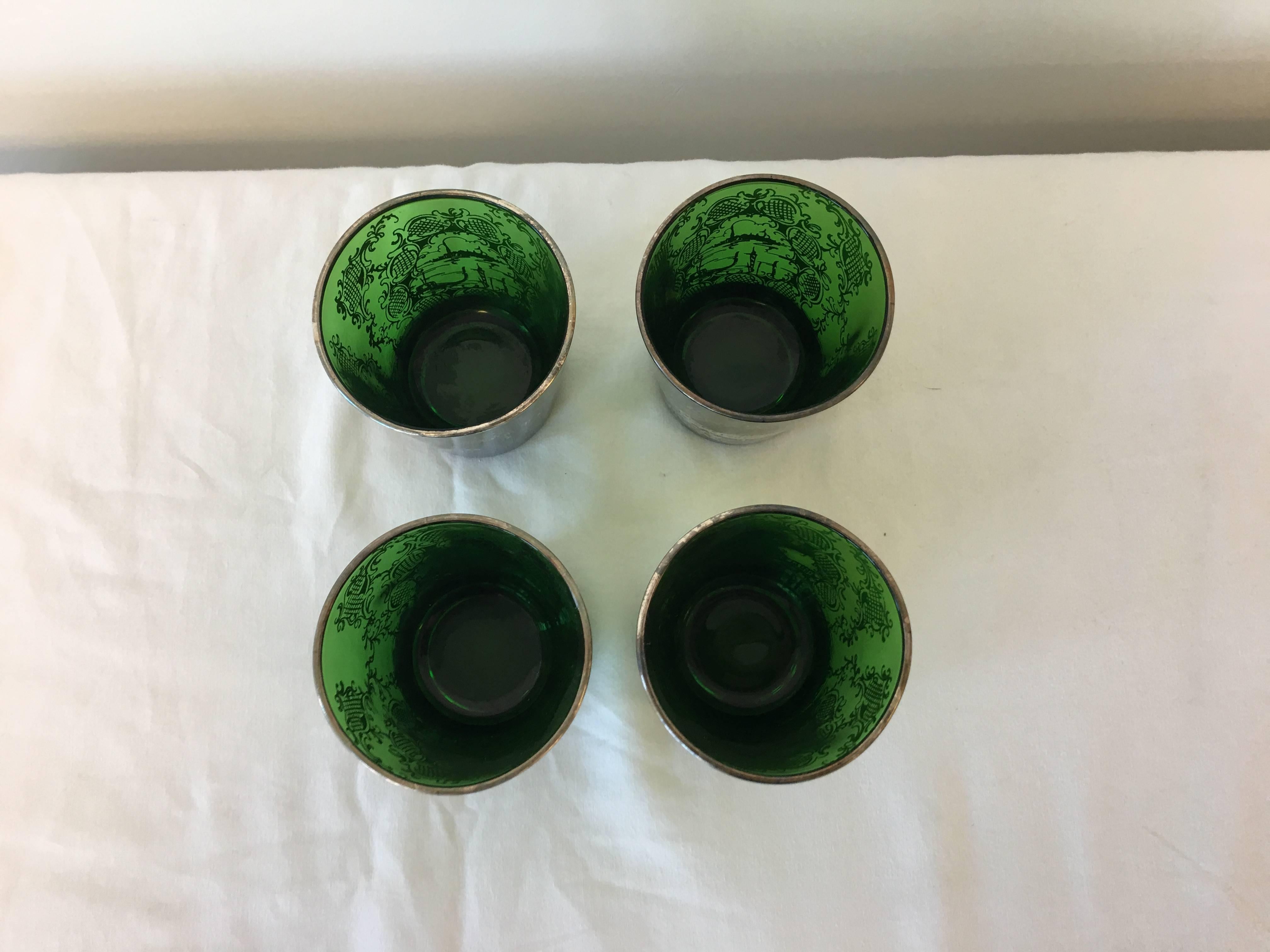 1940s Green and Silver Inlay Glasses or Candleholders, Set of Four In Excellent Condition In Richmond, VA