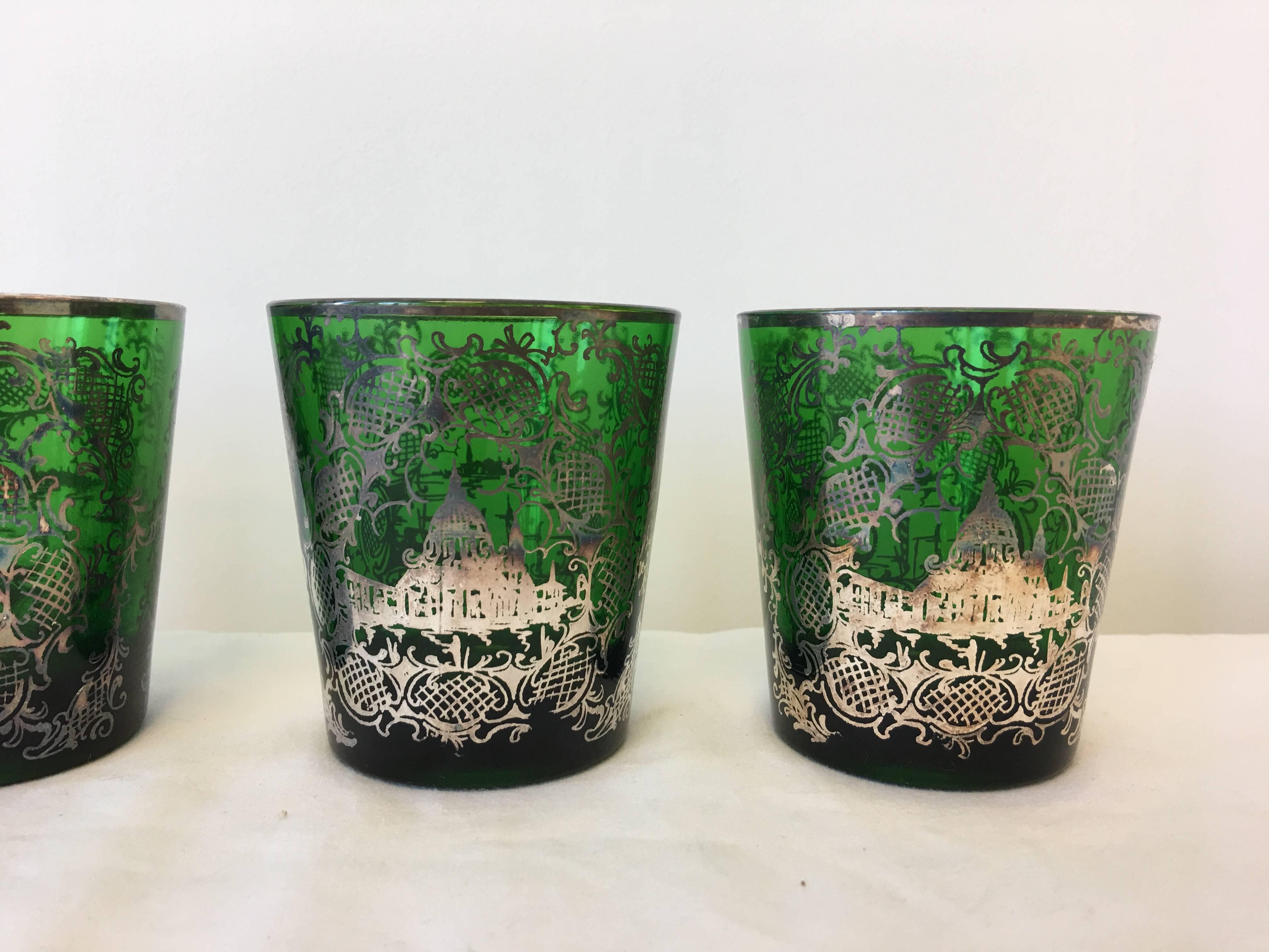 Chinoiserie 1940s Green and Silver Inlay Glasses or Candleholders, Set of Four