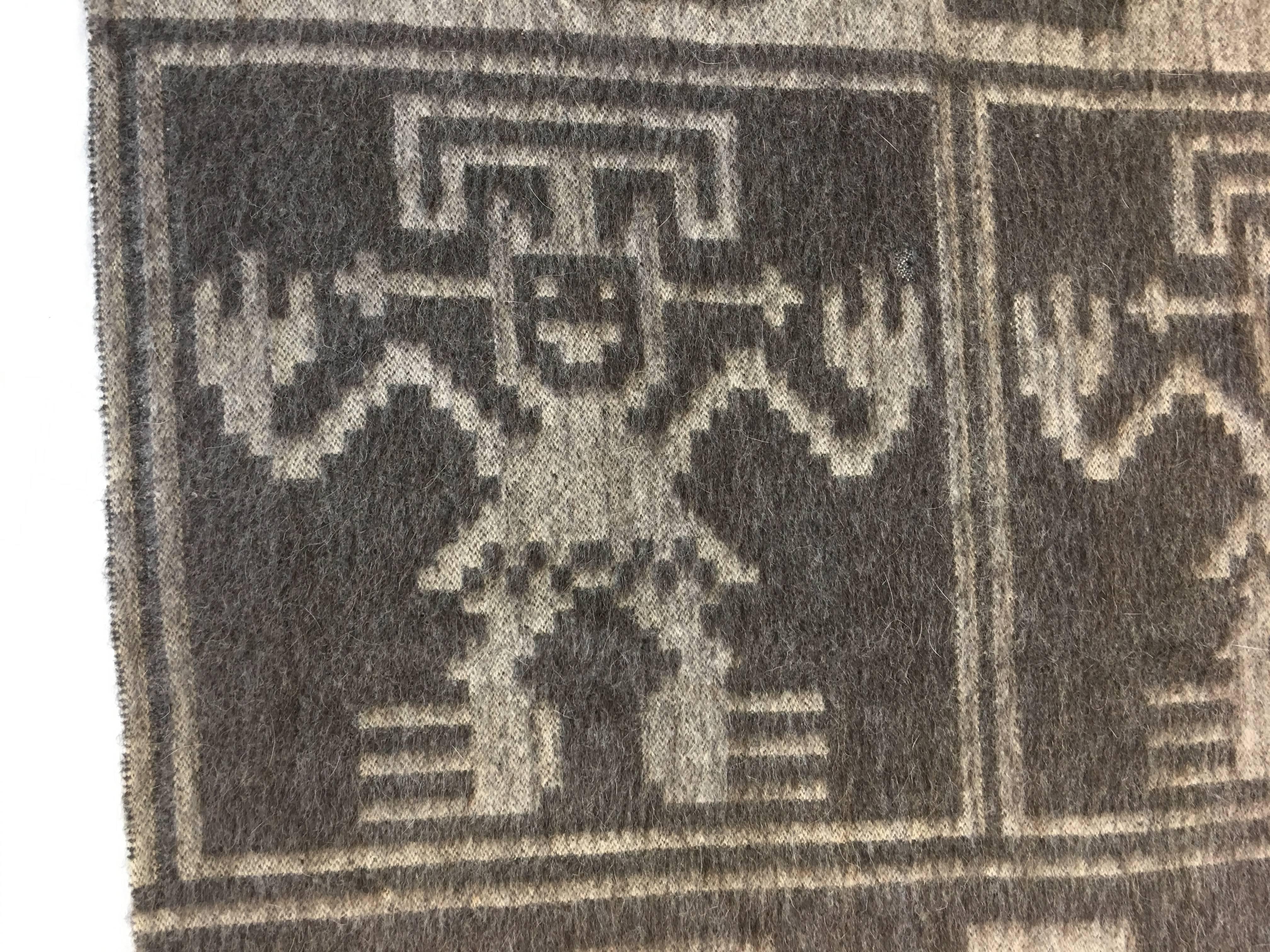 Mid-Century Modern 1950s Gray Monochrome Alpaca Wool Throw Blanket with Aztec Design