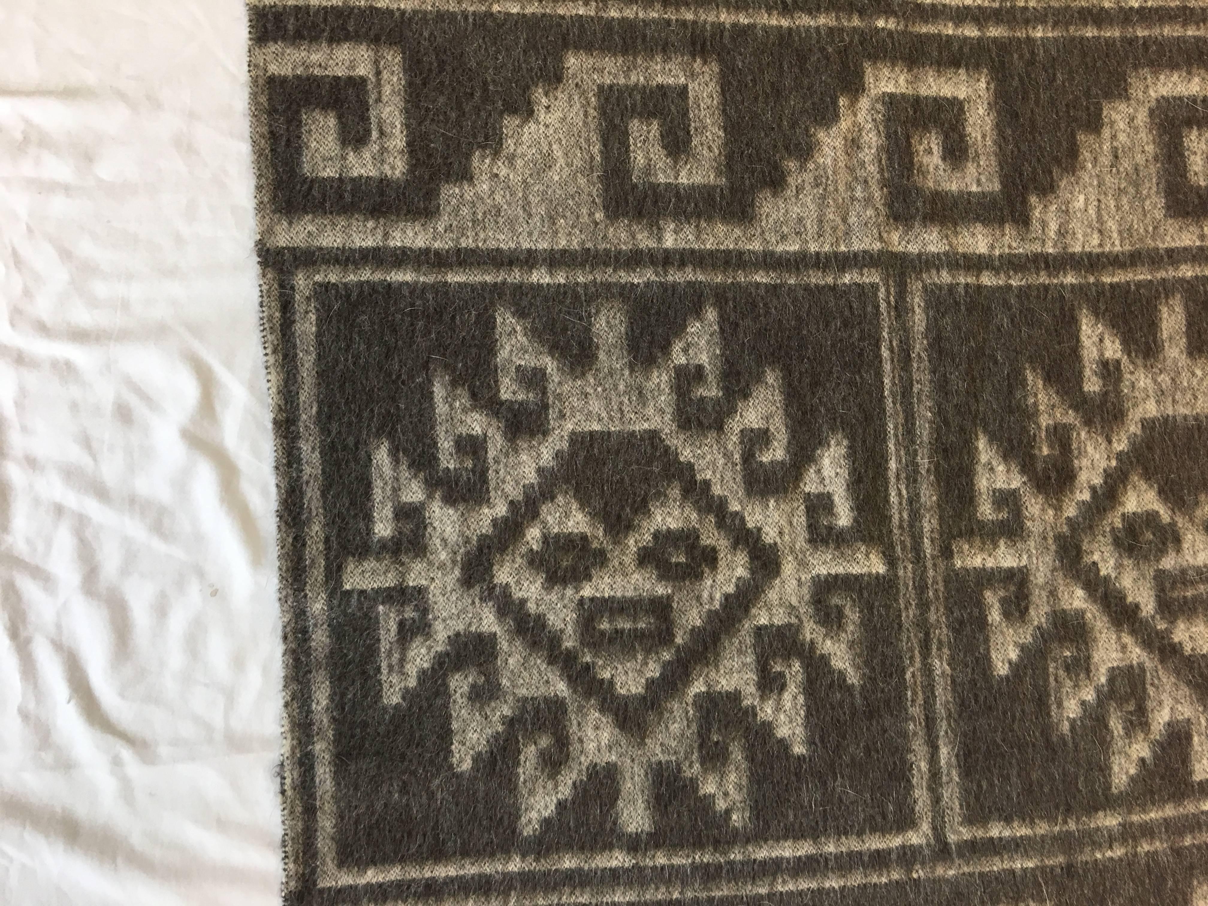 Woven 1950s Gray Monochrome Alpaca Wool Throw Blanket with Aztec Design