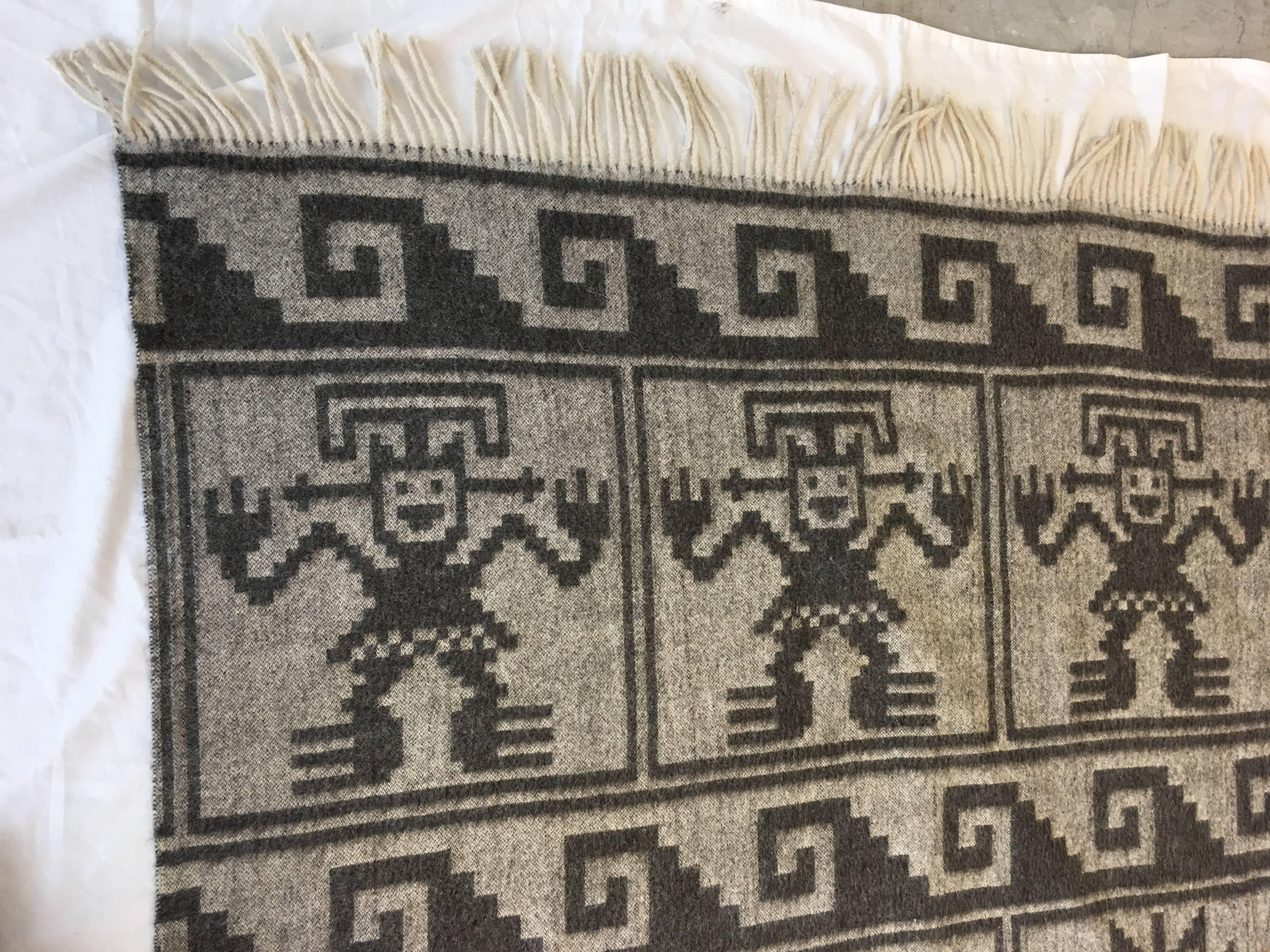 20th Century 1950s Gray Monochrome Alpaca Wool Throw Blanket with Aztec Design