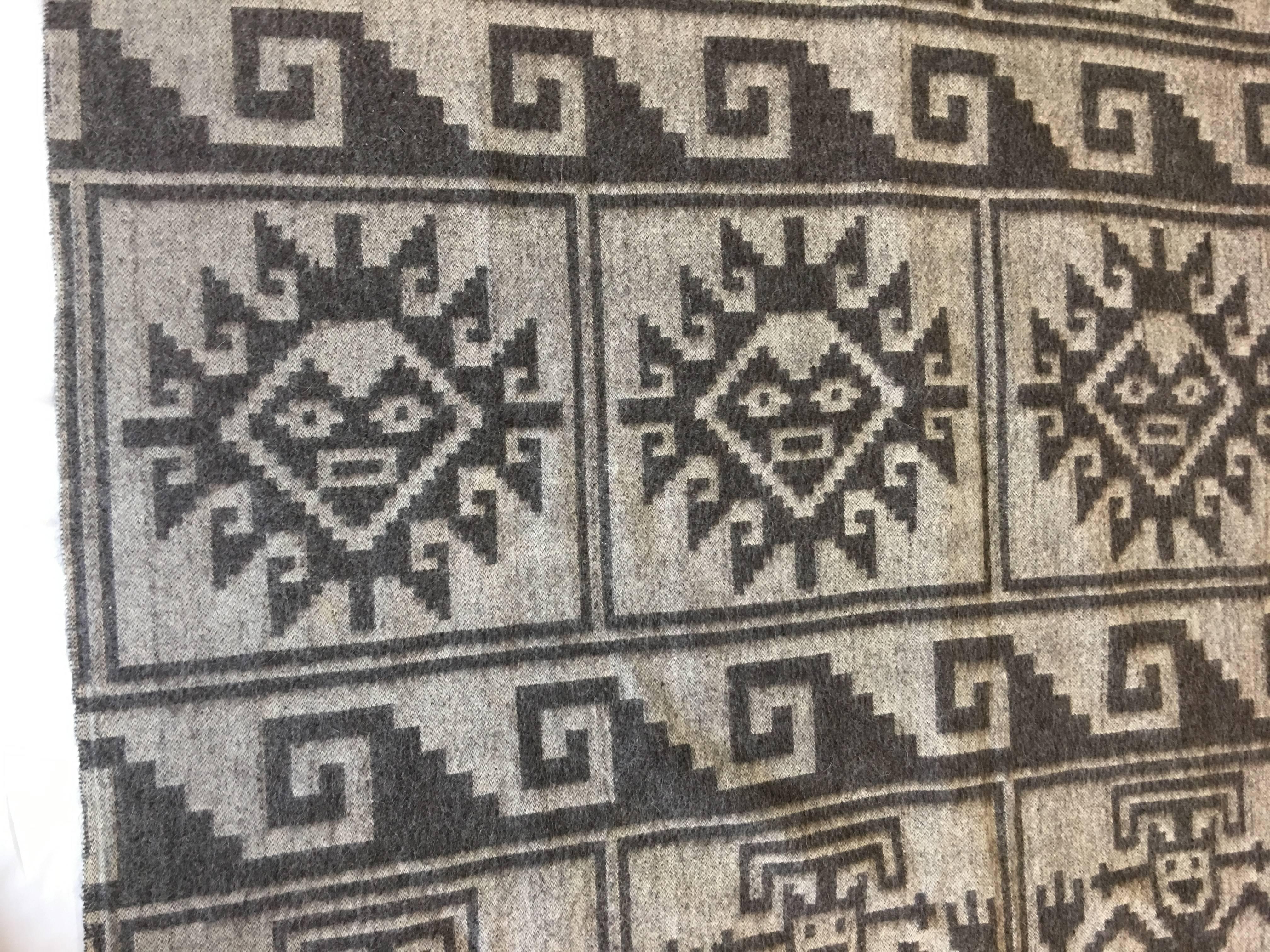 1950s Gray Monochrome Alpaca Wool Throw Blanket with Aztec Design 1