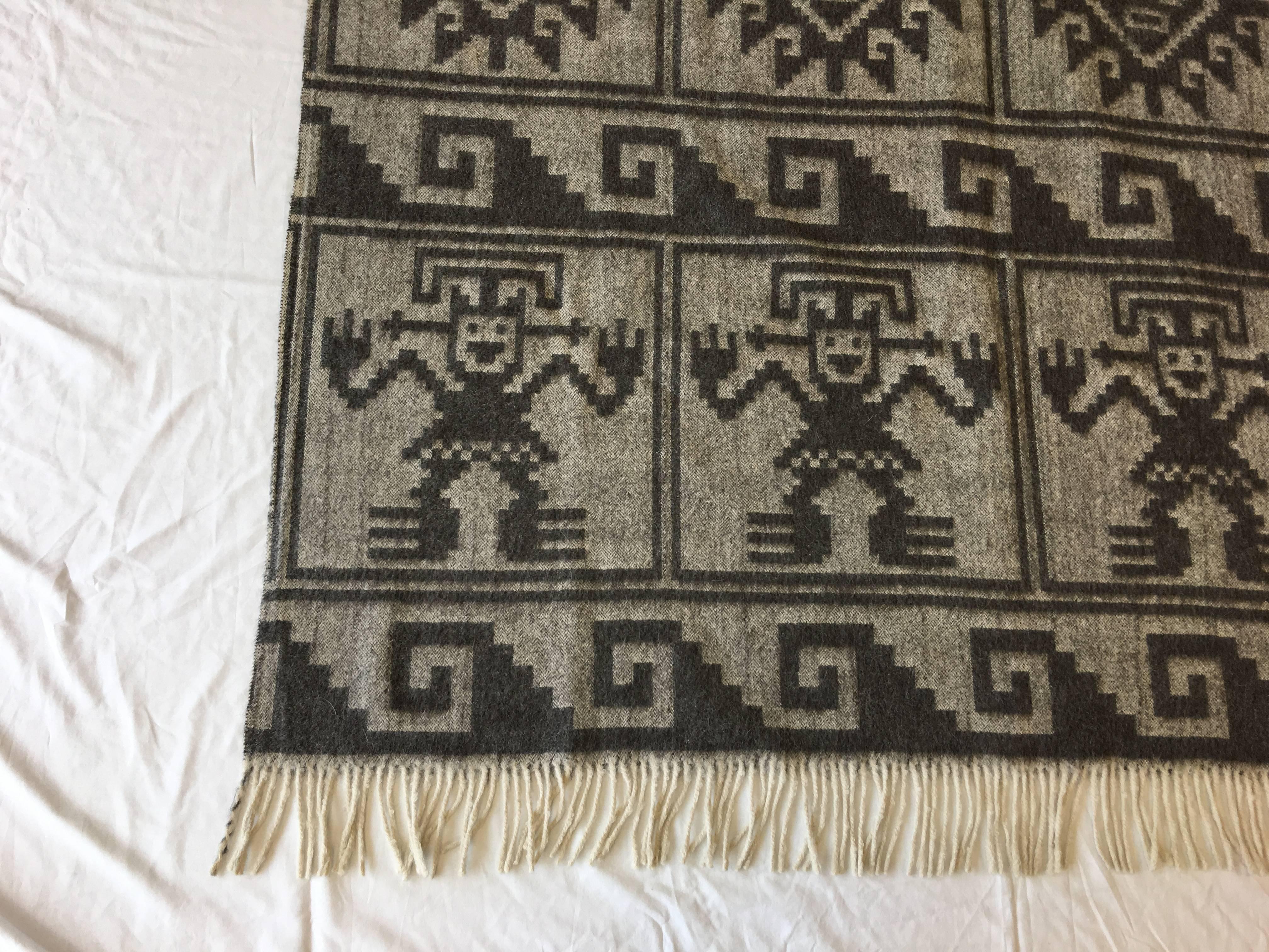 1950s Gray Monochrome Alpaca Wool Throw Blanket with Aztec Design 2