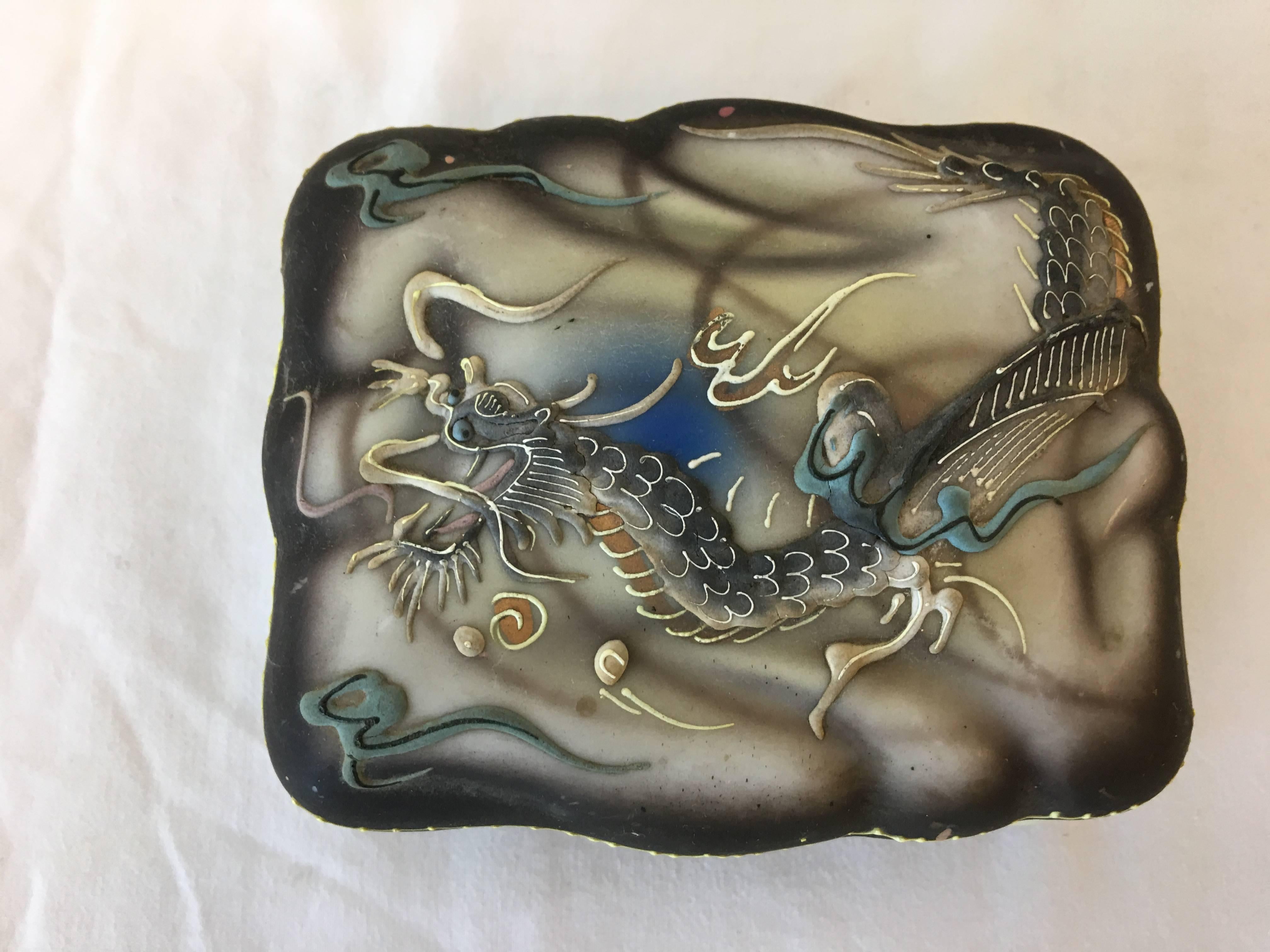 Hand-Painted 1920s Art Deco Chinoiserie Decorative Trinket Box with Dragon Motif