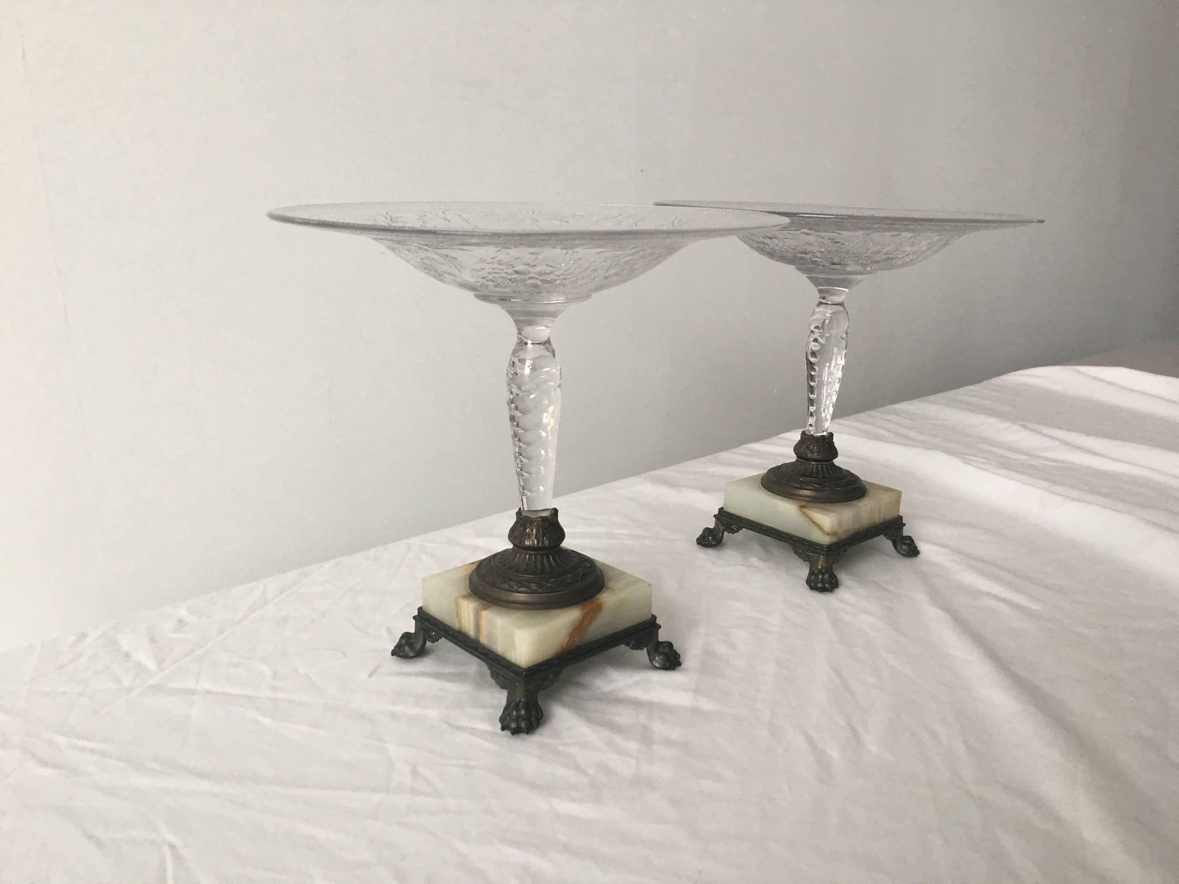 Offered is an immaculate pair of 1910s-1920s pairpoint compotes. Absolutely stunning detail in the etched crystal, the bronze clawfeet, and the marble. Marked: C1481 on underside truly excellent condition. Not a single scratch in the crystal. No