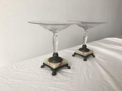1920's Art Deco Pairpoint Crystal, Bronze and Marble Compotes, Pair