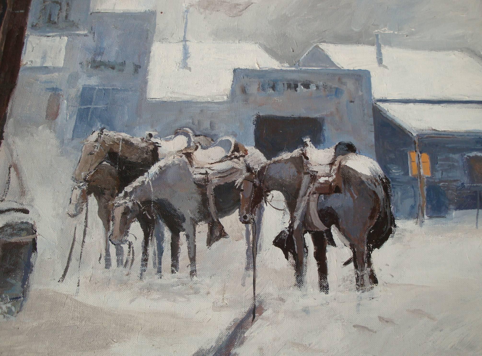 Offered is a beautiful, western snowscape painting depicting four saddled horses, huddled against the cold at dusk. Signed 