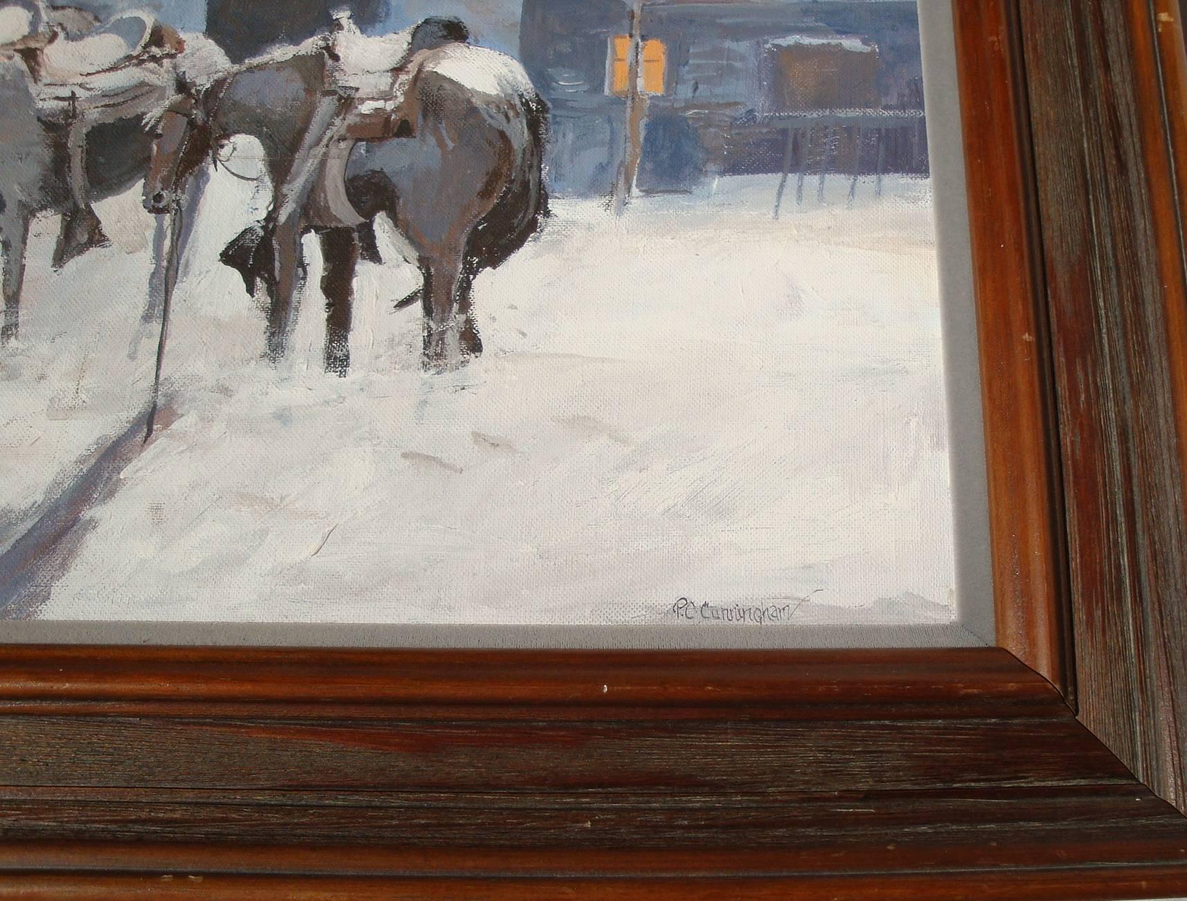 1970s Western Snowscape Horse Painting, Framed In Excellent Condition In Richmond, VA