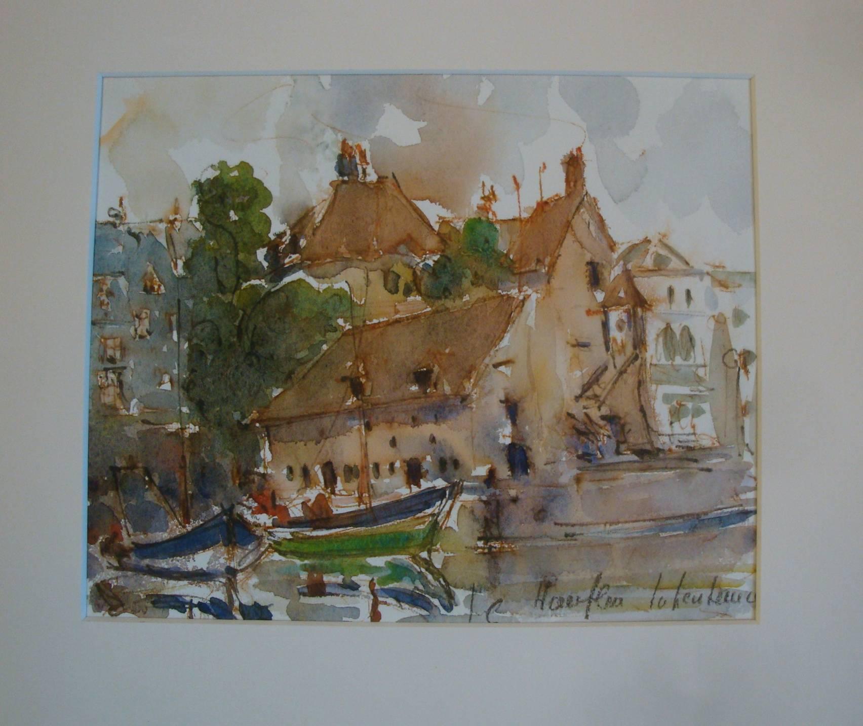 Offered is a stunning, framed watercolor painting of a medieval European fishing port village with several boats and buildings of the harbor. Executed on art paper in tan, light brown and gray palette with blue and green accents for the trees,