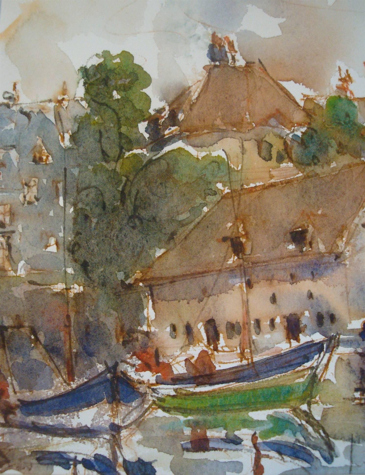 Dutch Medieval European Fishing Village Watercolor, Framed