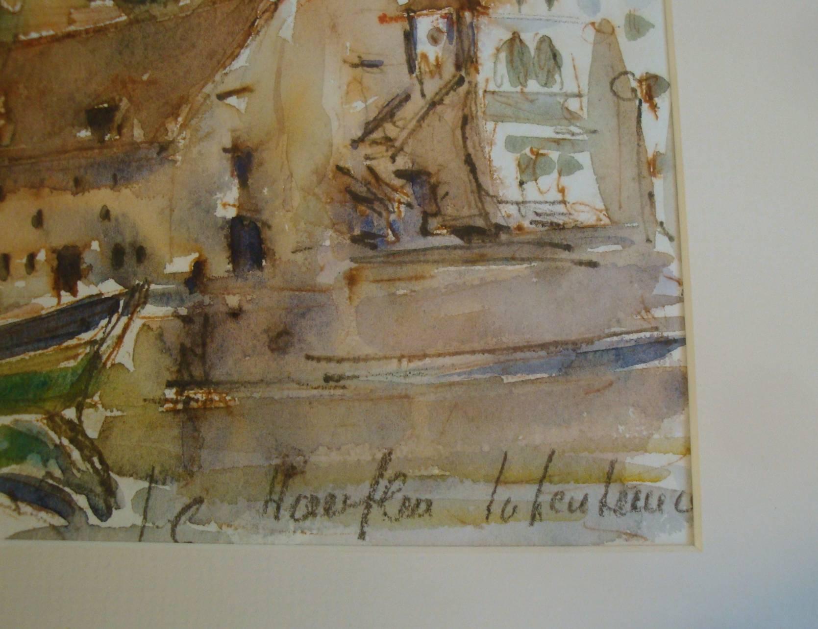 Gilt Medieval European Fishing Village Watercolor, Framed