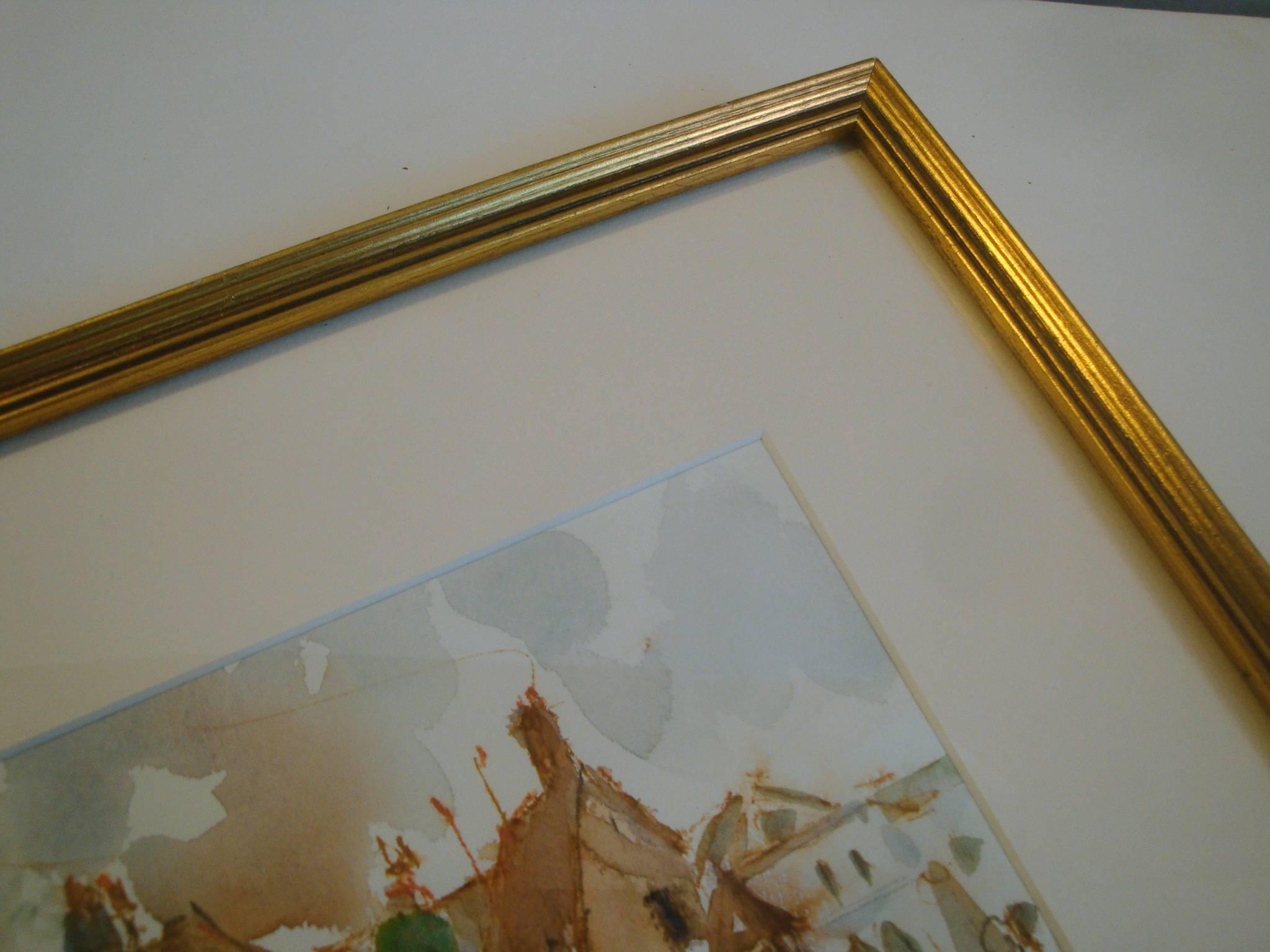 Medieval European Fishing Village Watercolor, Framed In Excellent Condition In Richmond, VA