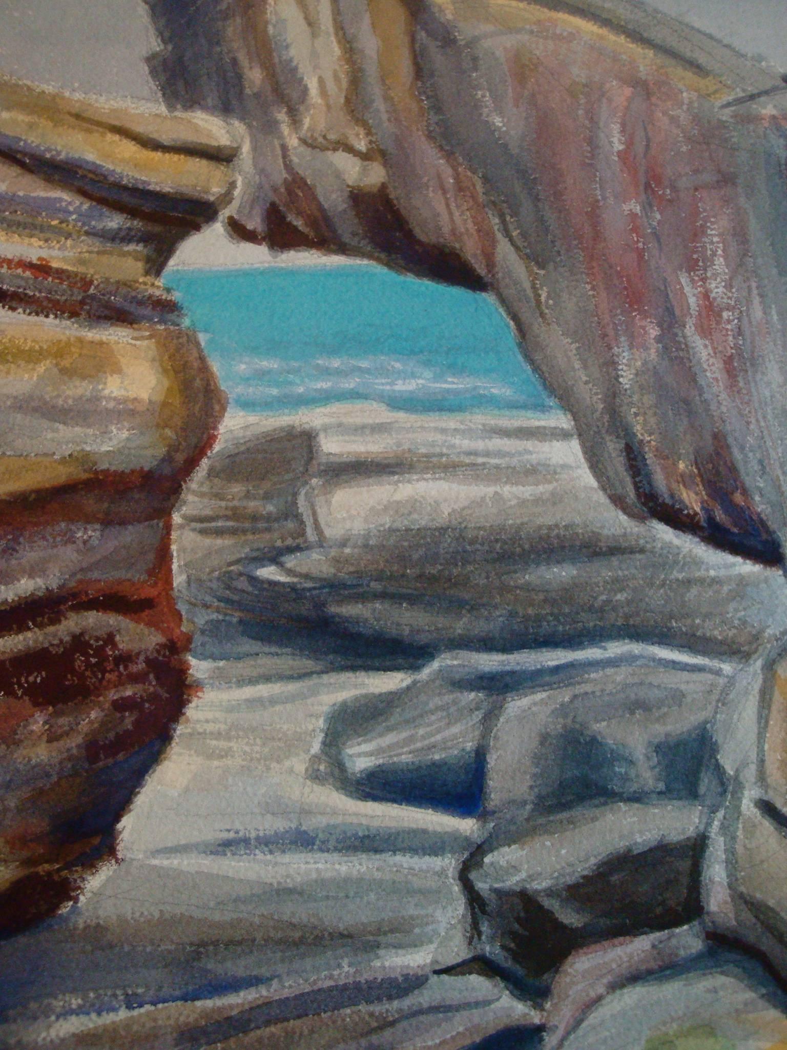 Offered is a beautiful, Midcentury watercolor seascape along the West Coast (California), by listed American artist James Bonelli (1916-2000). An arched rock formation frames the brilliant turquoise blue ocean water beyond. Unsigned, from a