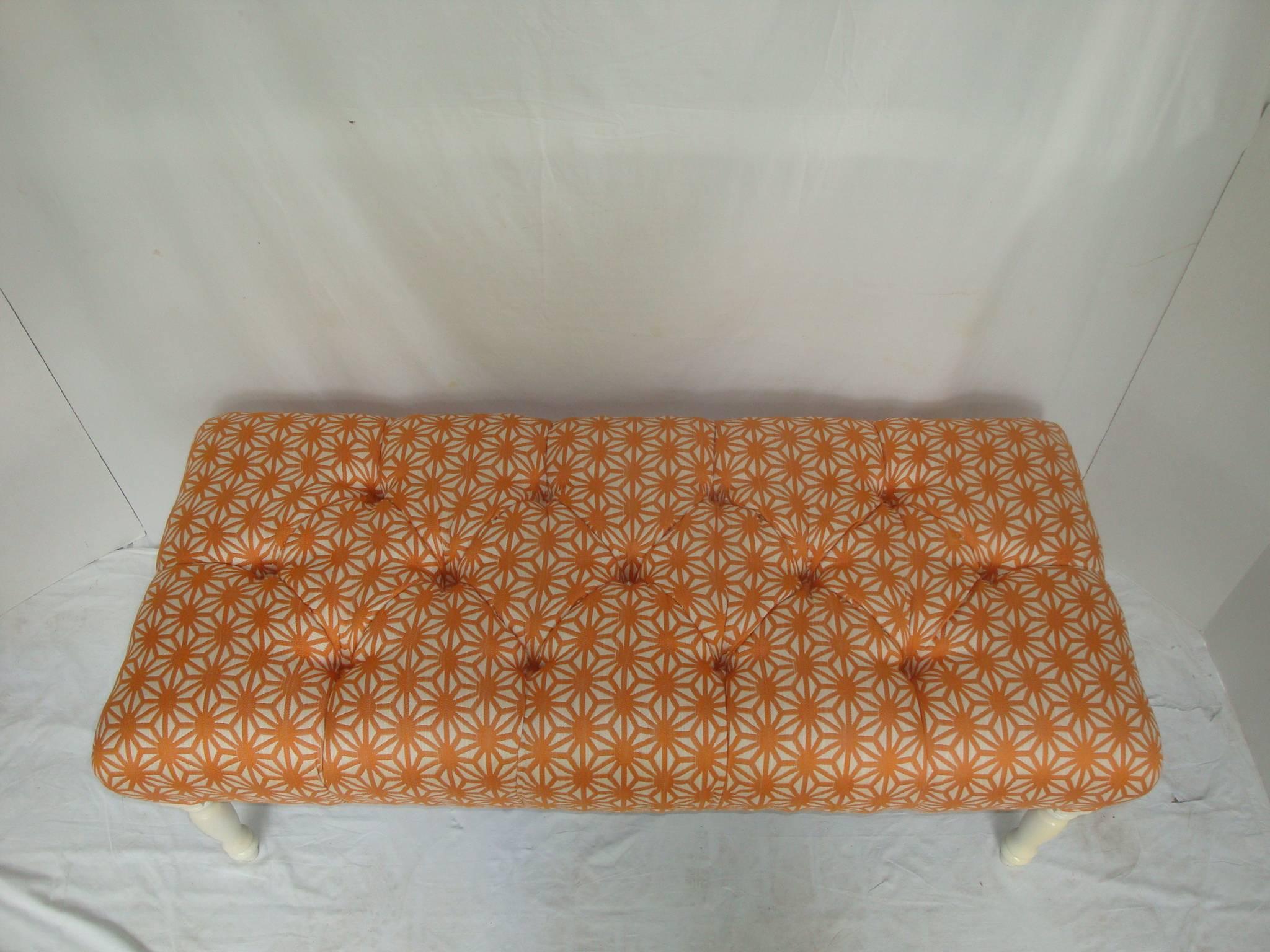Modern 1960s Thibaut Orange Starburst Linen Upholstered Bench