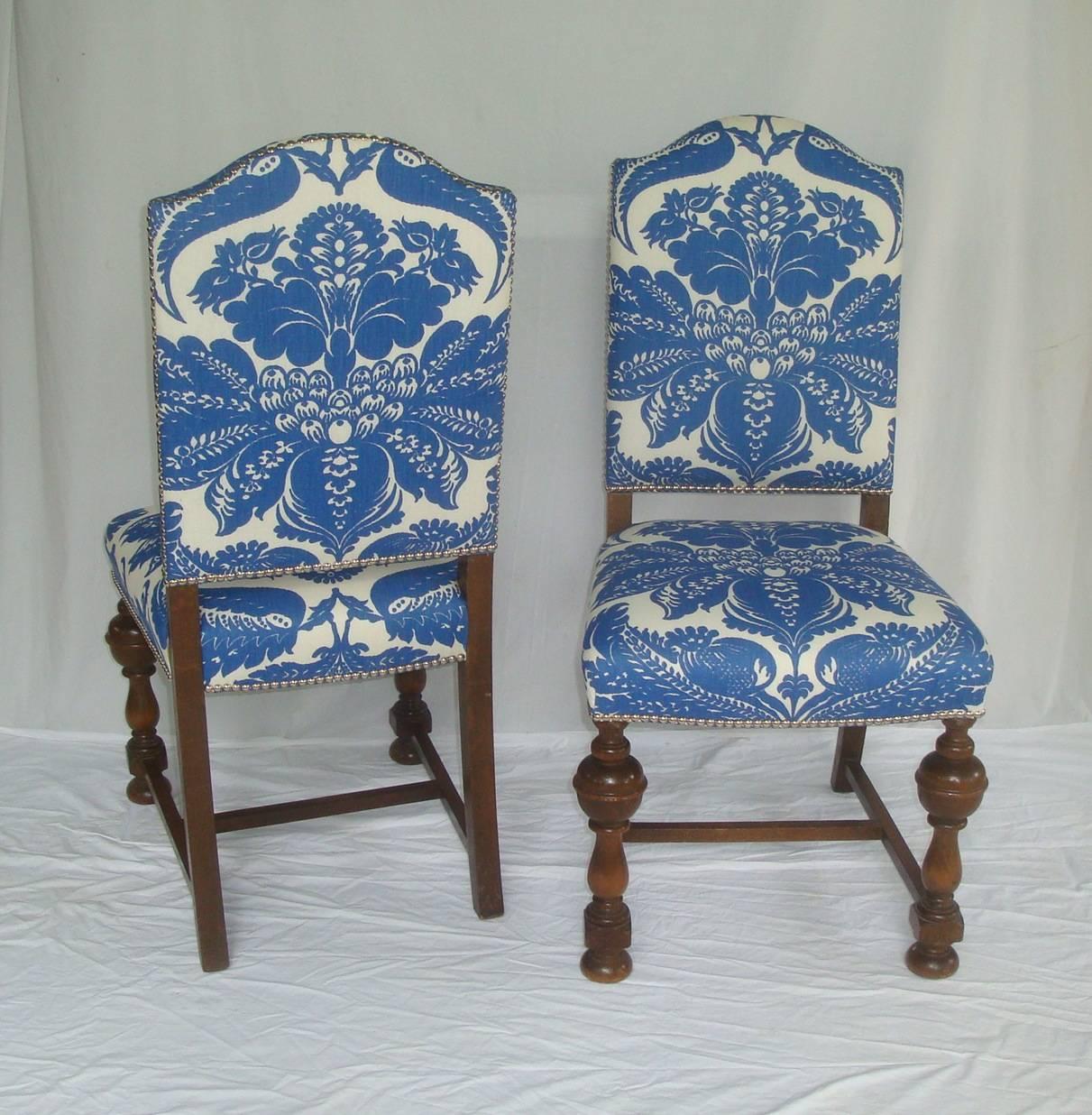 1920s Dining Chairs with Blue and White Stroheim Damask Linen, Set of Four In Excellent Condition In Richmond, VA