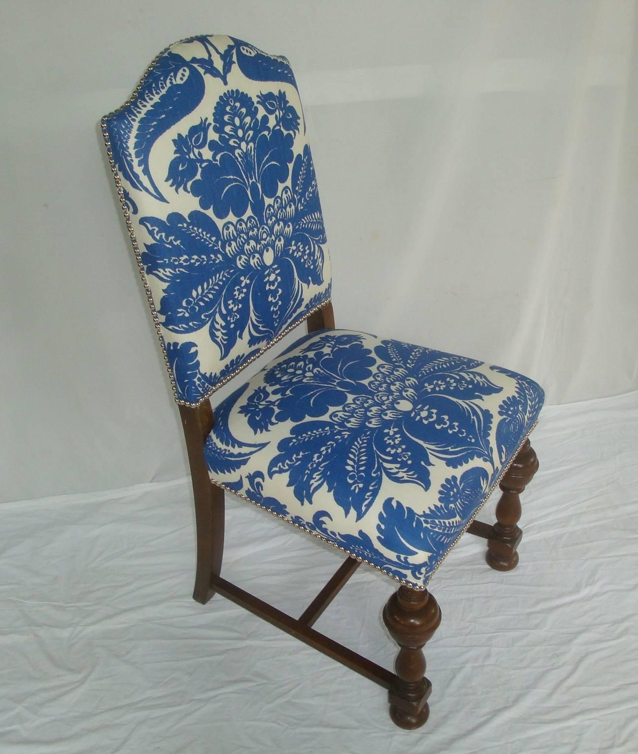 20th Century 1920s Dining Chairs with Blue and White Stroheim Damask Linen, Set of Four