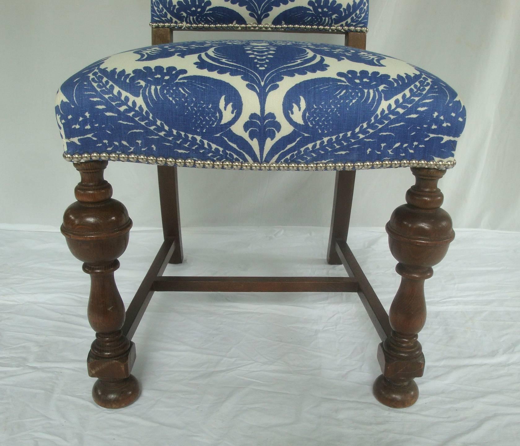 1920s Dining Chairs with Blue and White Stroheim Damask Linen, Set of Four 3