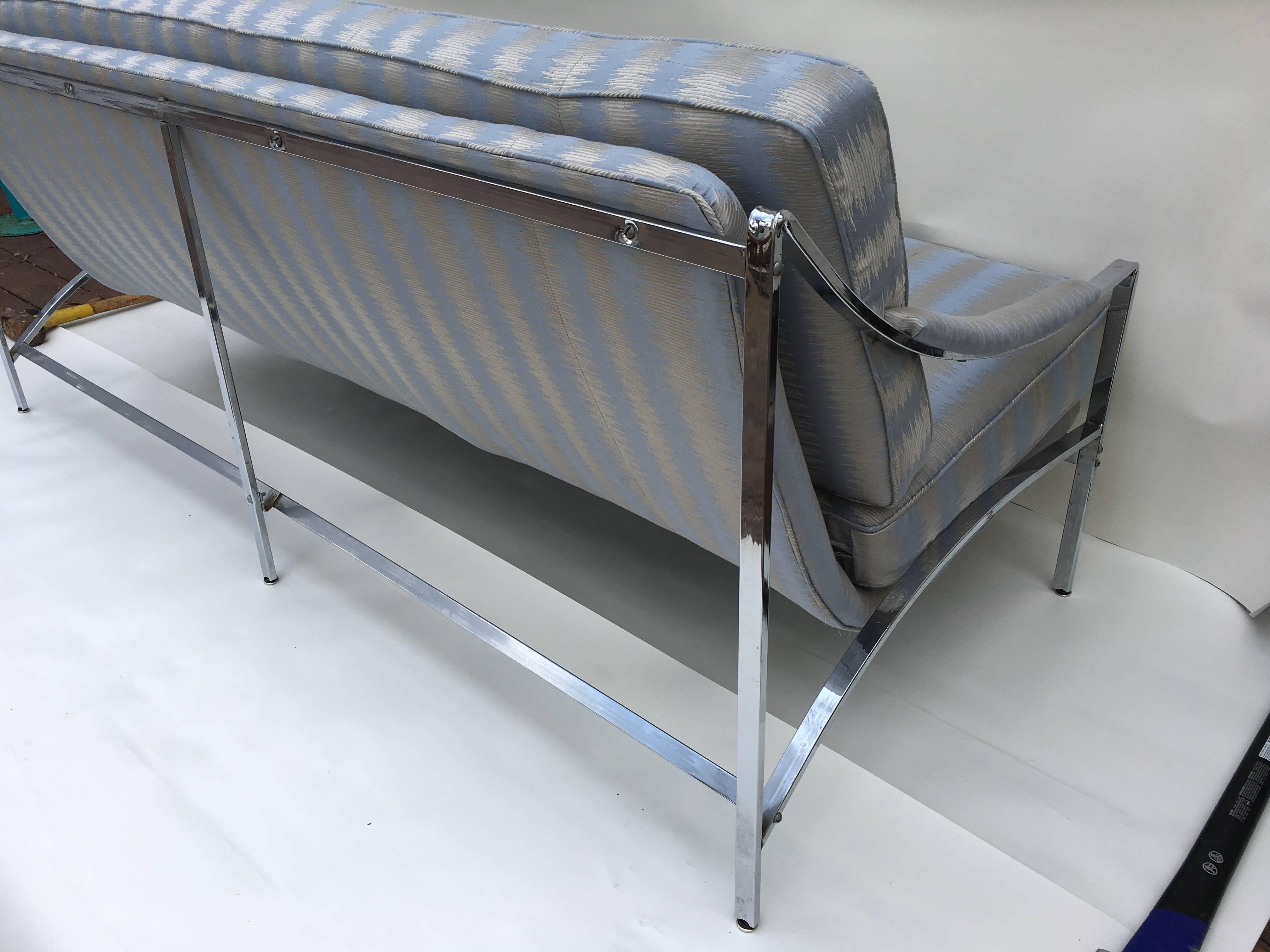 20th Century 1970s Milo Baughman Style Floating Chrome Sofa in Ice Blue and Silver Fabric