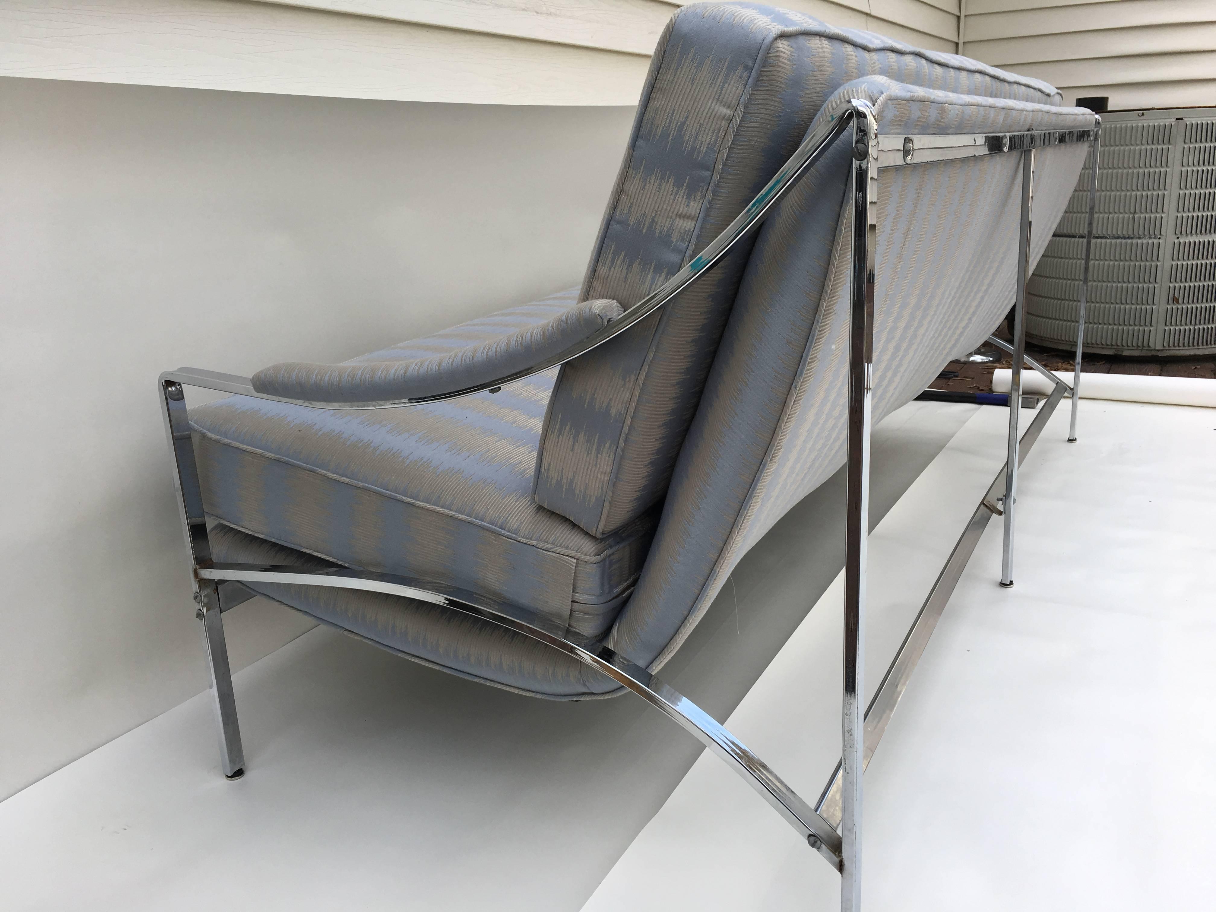 1970s Milo Baughman Style Floating Chrome Sofa in Ice Blue and Silver Fabric 1