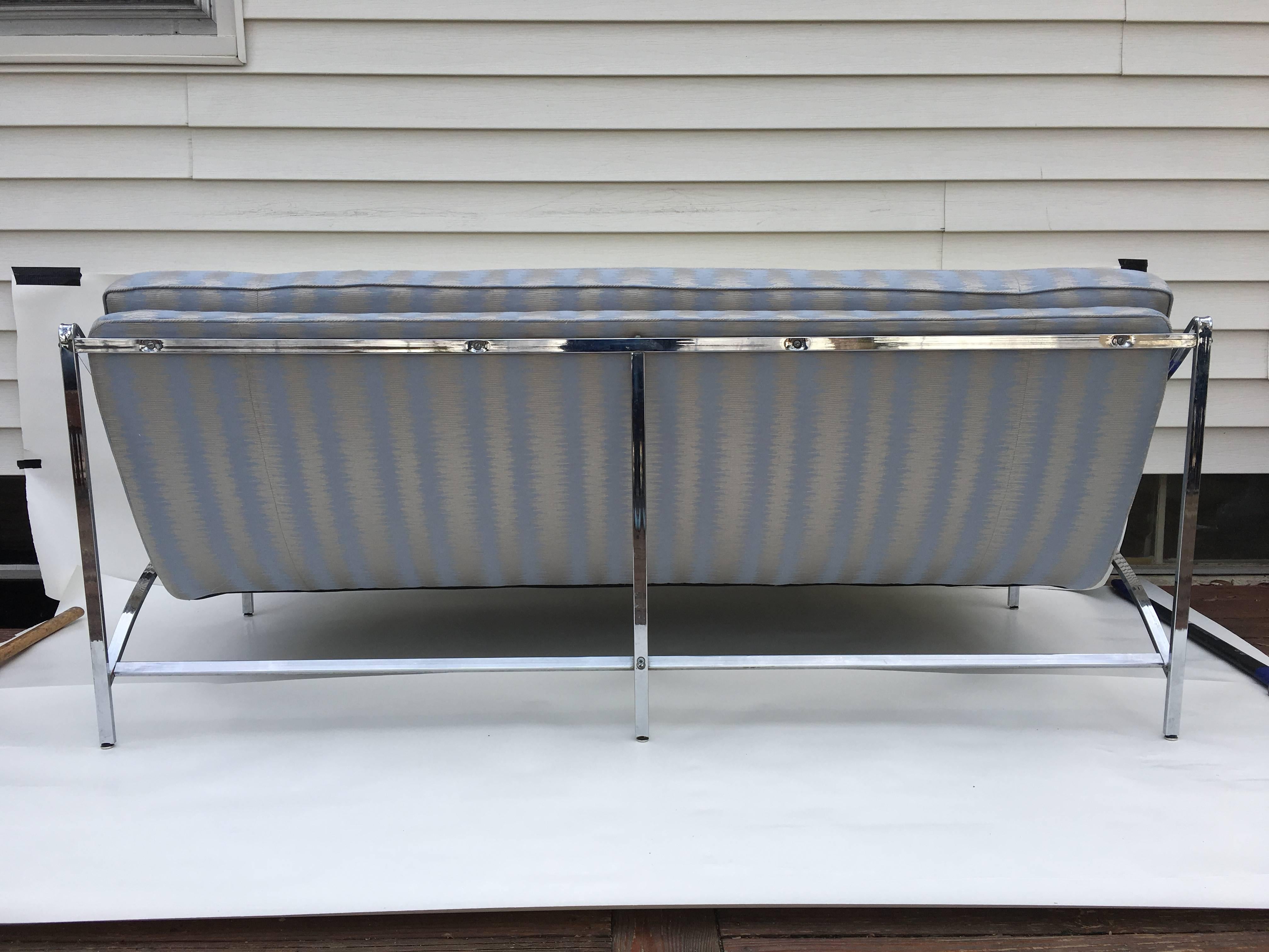 1970s Milo Baughman Style Floating Chrome Sofa in Ice Blue and Silver Fabric 2