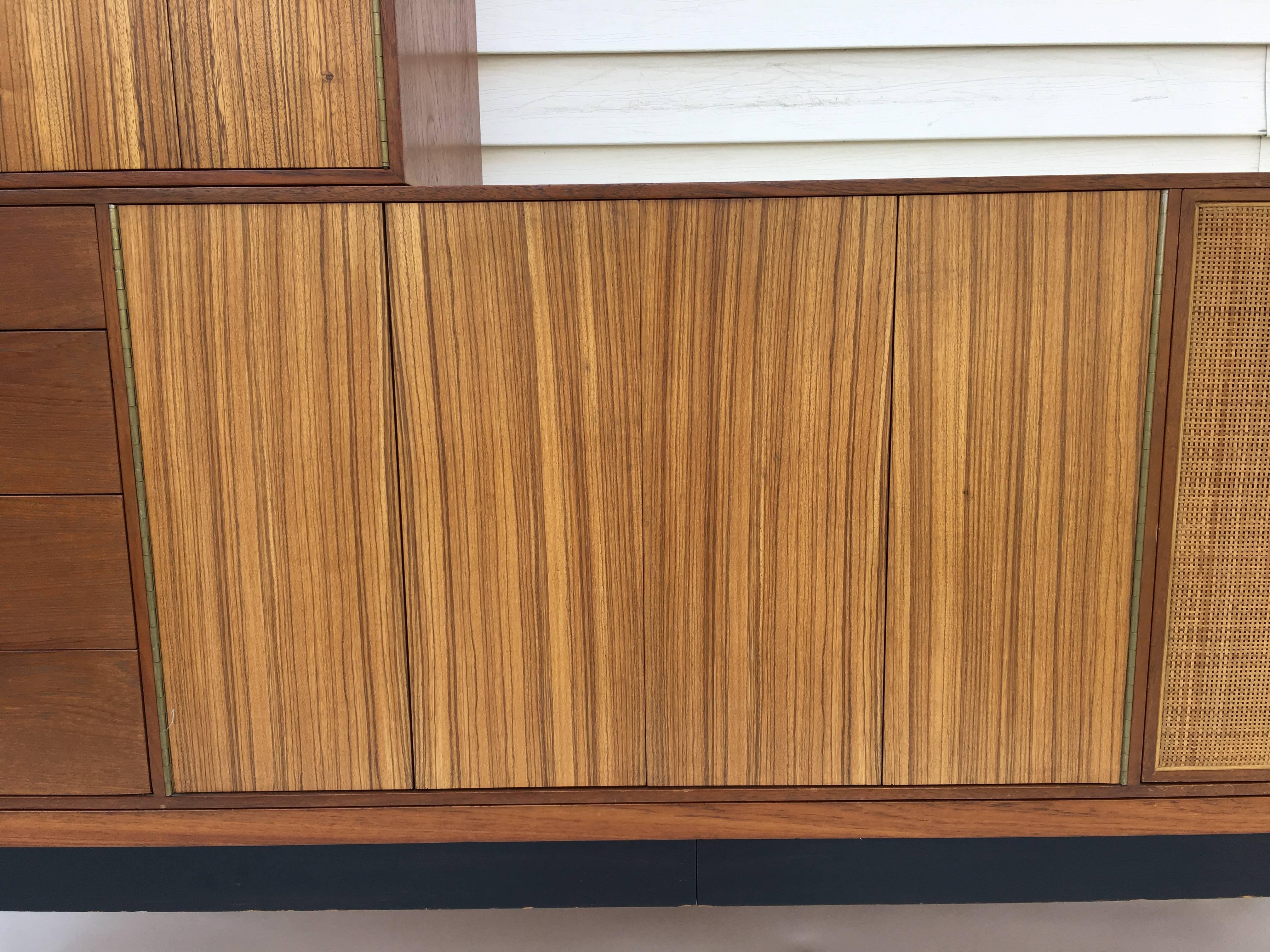 American 1950s Grosfeld House Modular Zebrawood and Cane Panel Dresser Credenza