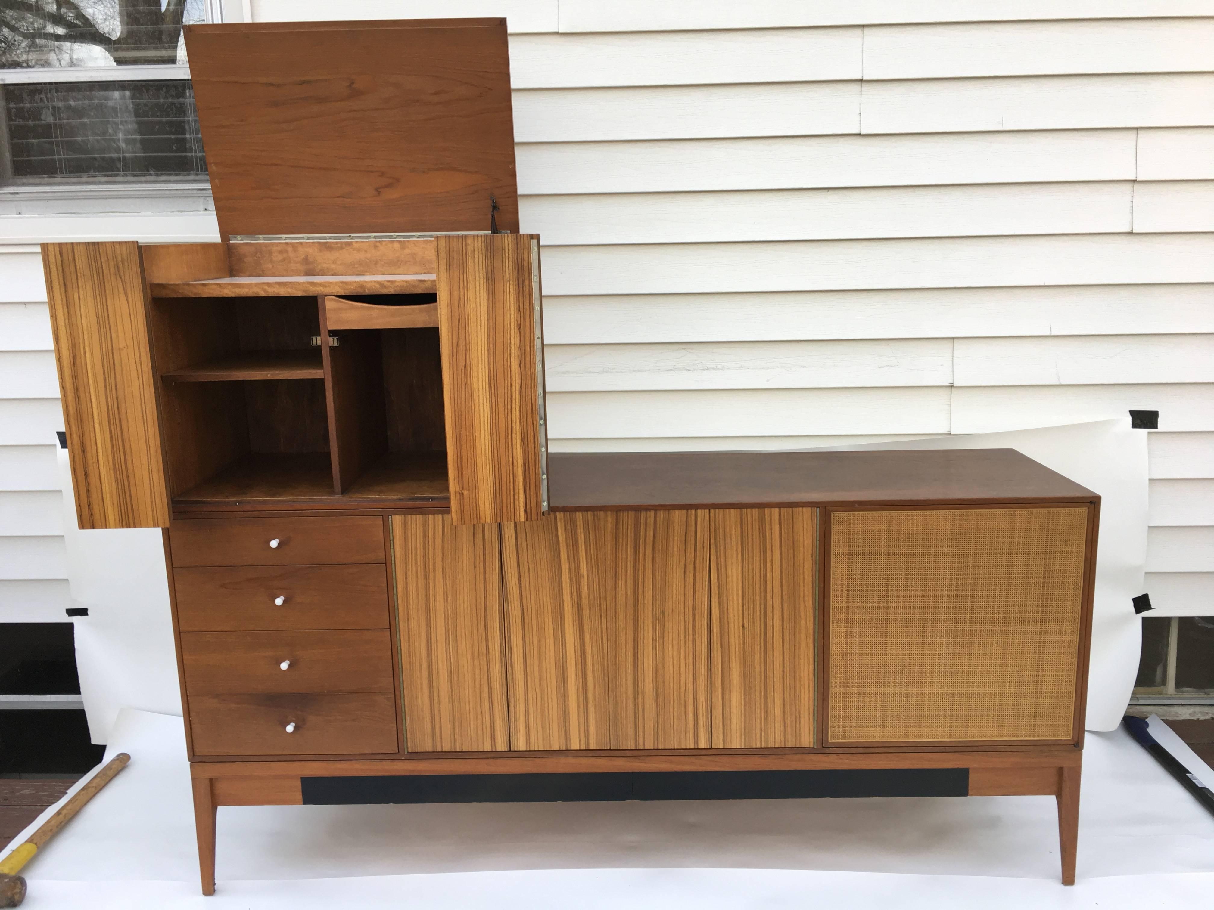 1950s Grosfeld House Modular Zebrawood and Cane Panel Dresser Credenza In Excellent Condition In Richmond, VA