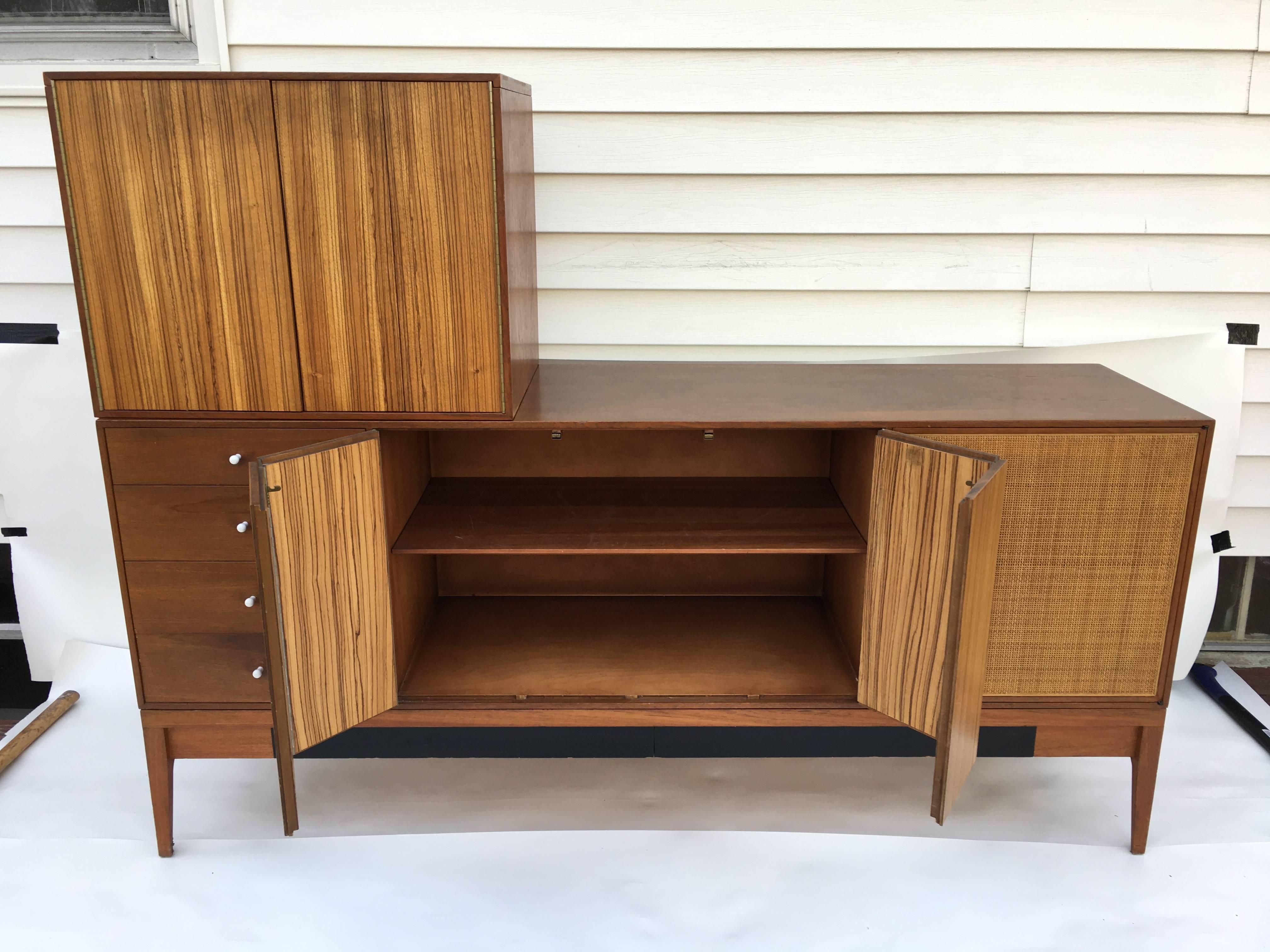 1950s Grosfeld House Modular Zebrawood and Cane Panel Dresser Credenza 1