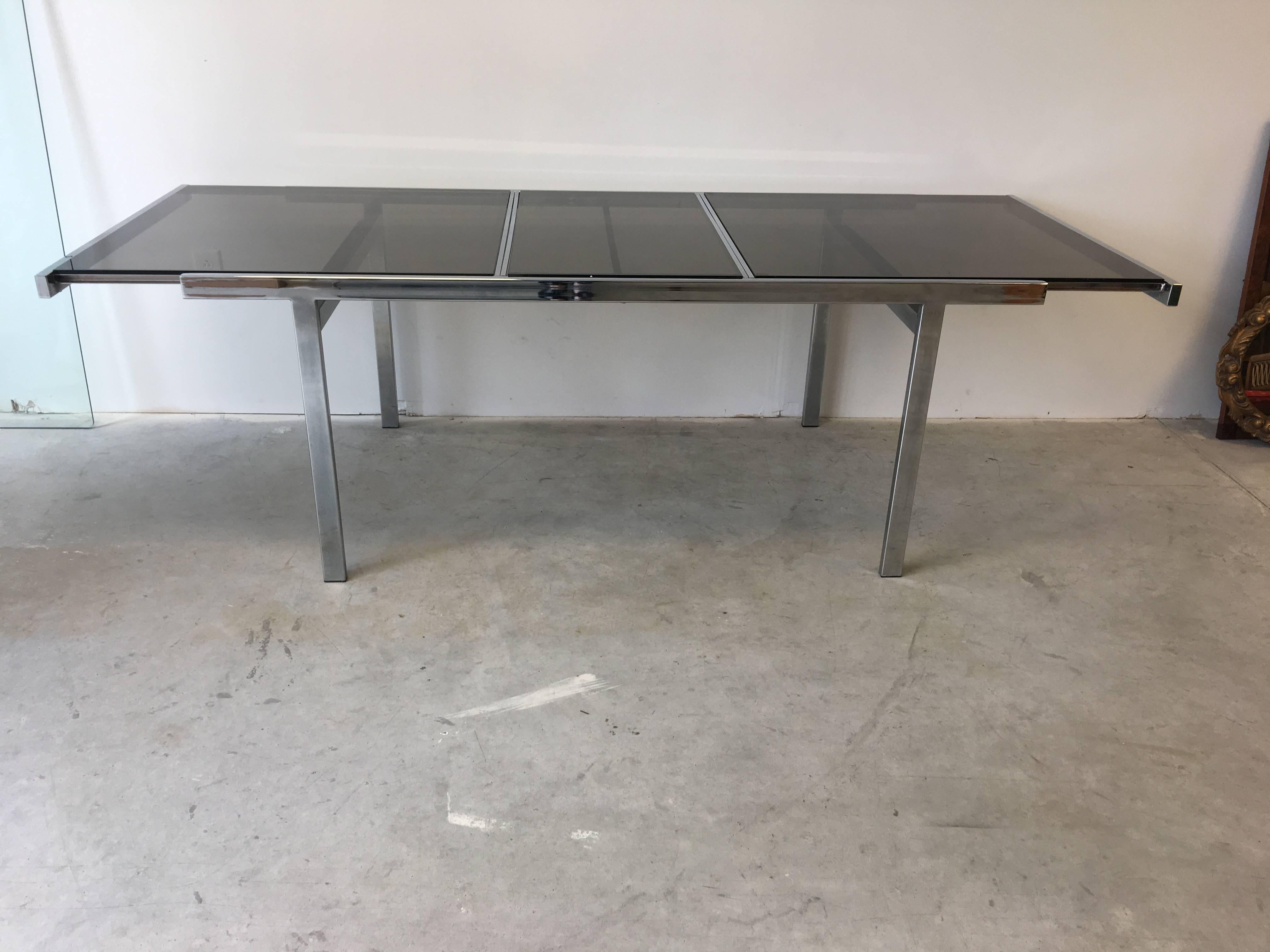 Mid-Century Modern 1970s Milo Baughman Chrome Extendable Dining Table with Smoked Glass Panes