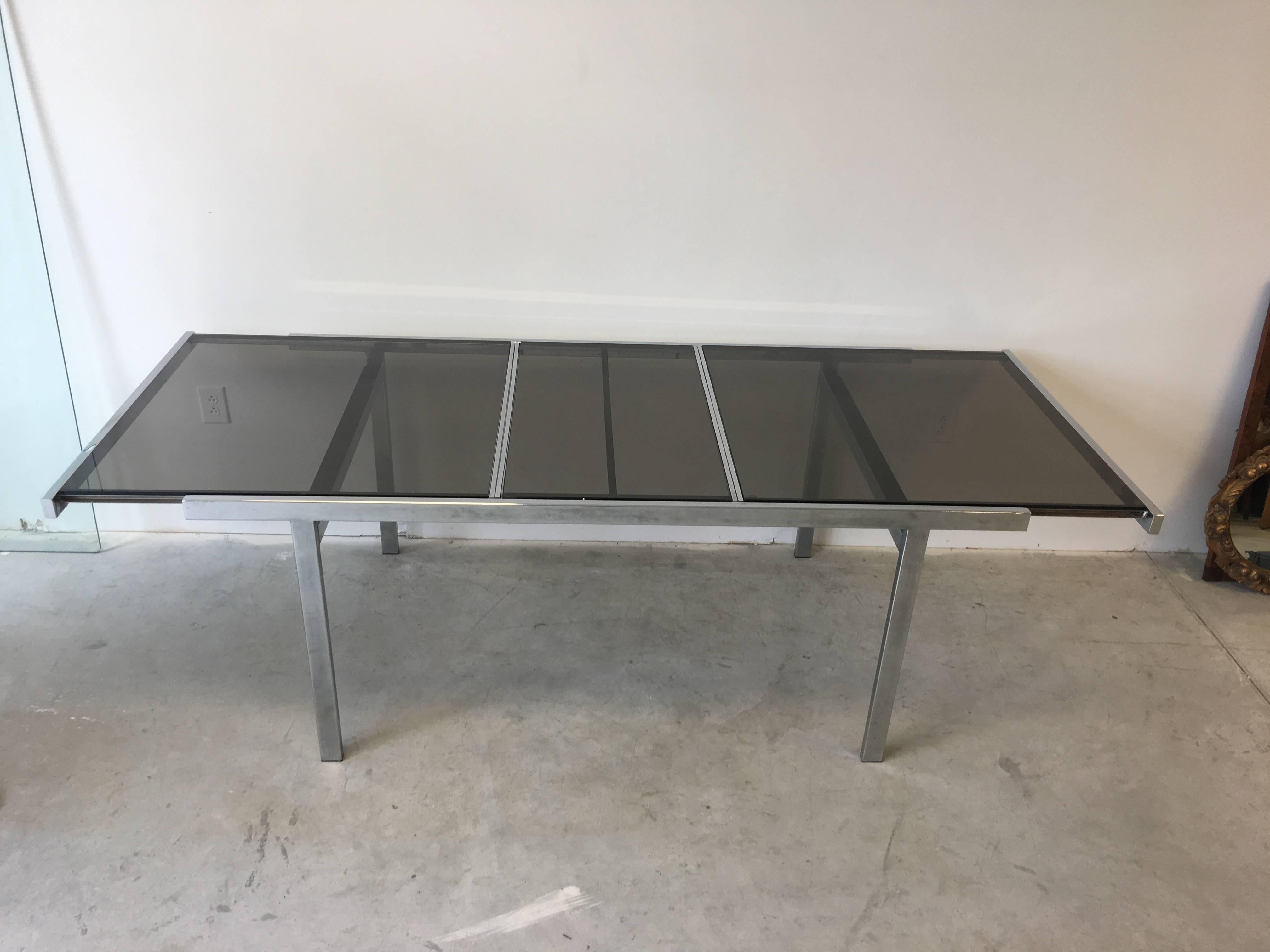 American 1970s Milo Baughman Chrome Extendable Dining Table with Smoked Glass Panes