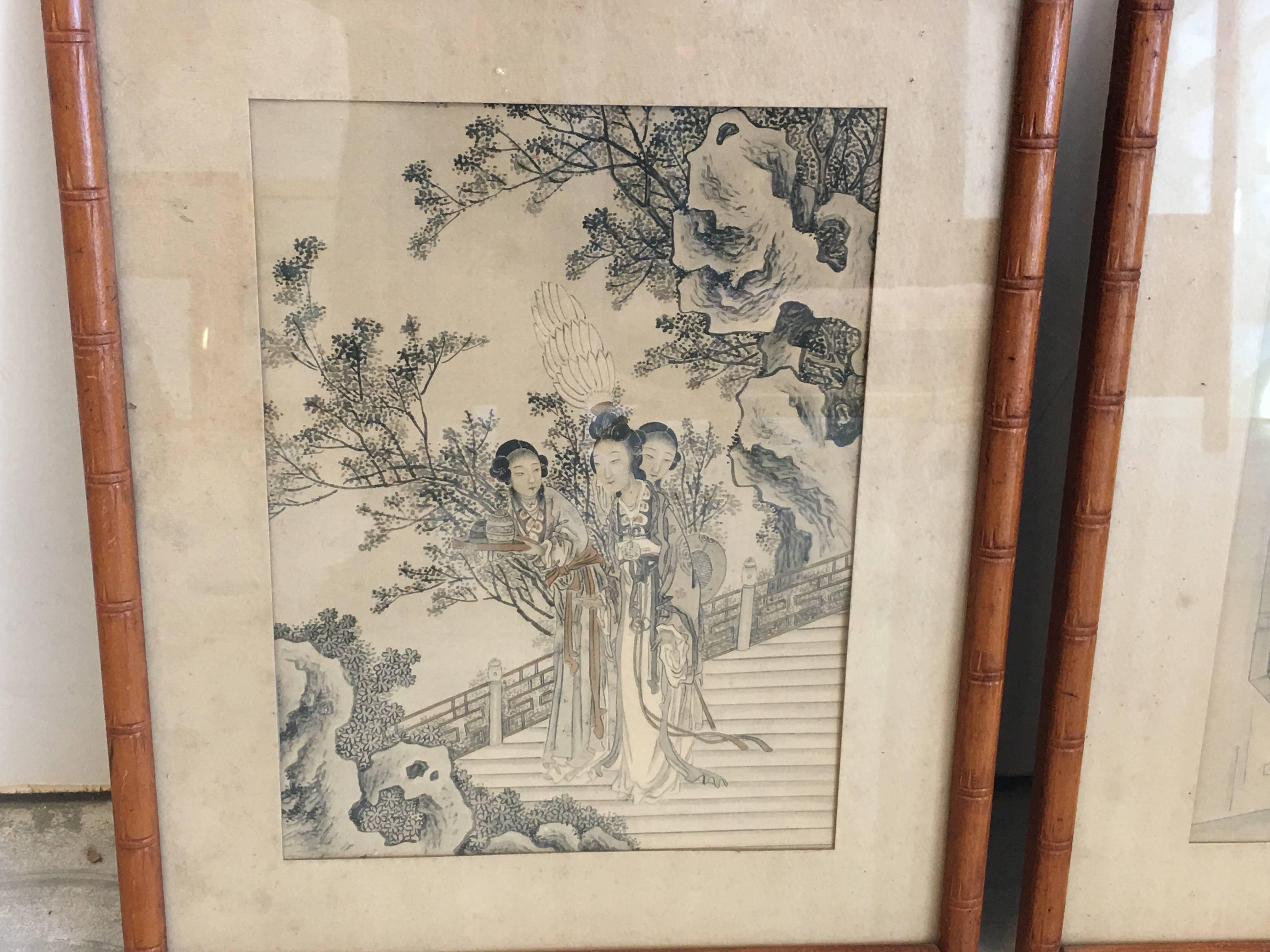 Offered are a stunning pair of 1930s prints with ornate Asian women, both framed in faux bamboo.