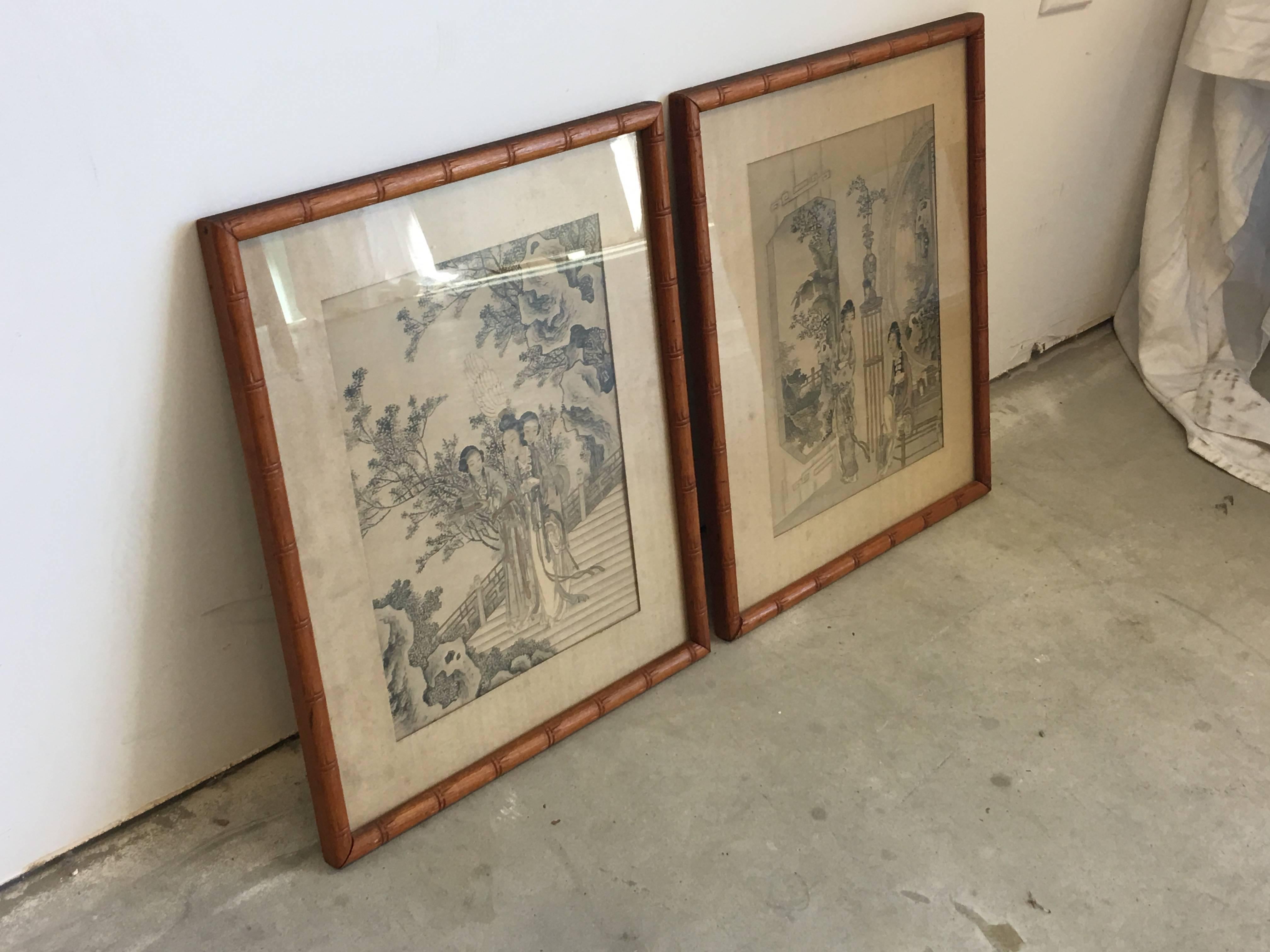 20th Century 1930s Asian Women in Ornate Scenery Prints with Faux Bamboo Frames, Pair