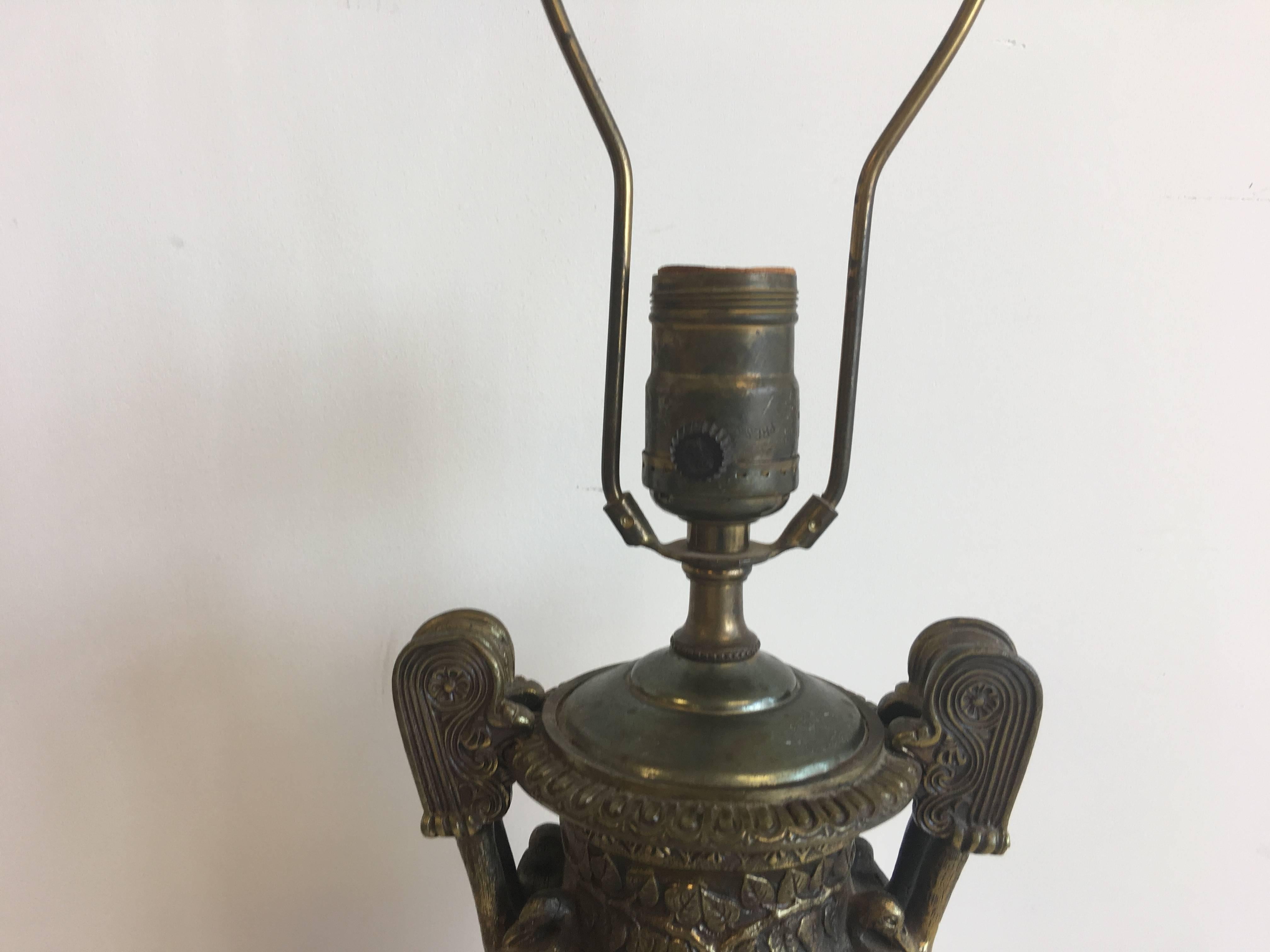 1930s Louis XV Style Solid Bronze Urn Lamp with Figurative Detailing In Excellent Condition In Richmond, VA