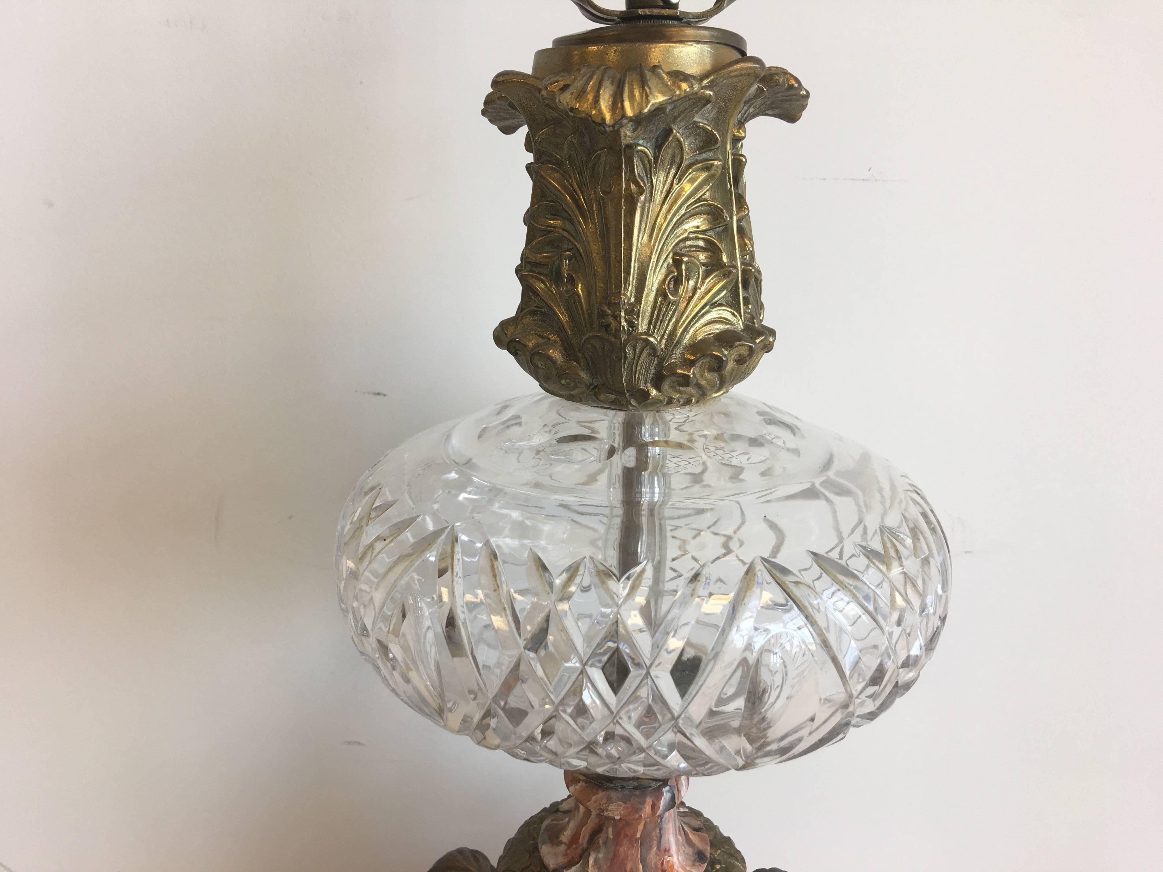 20th Century 1930s Art Nouveau Bronze, Marble and Crystal Lamp For Sale