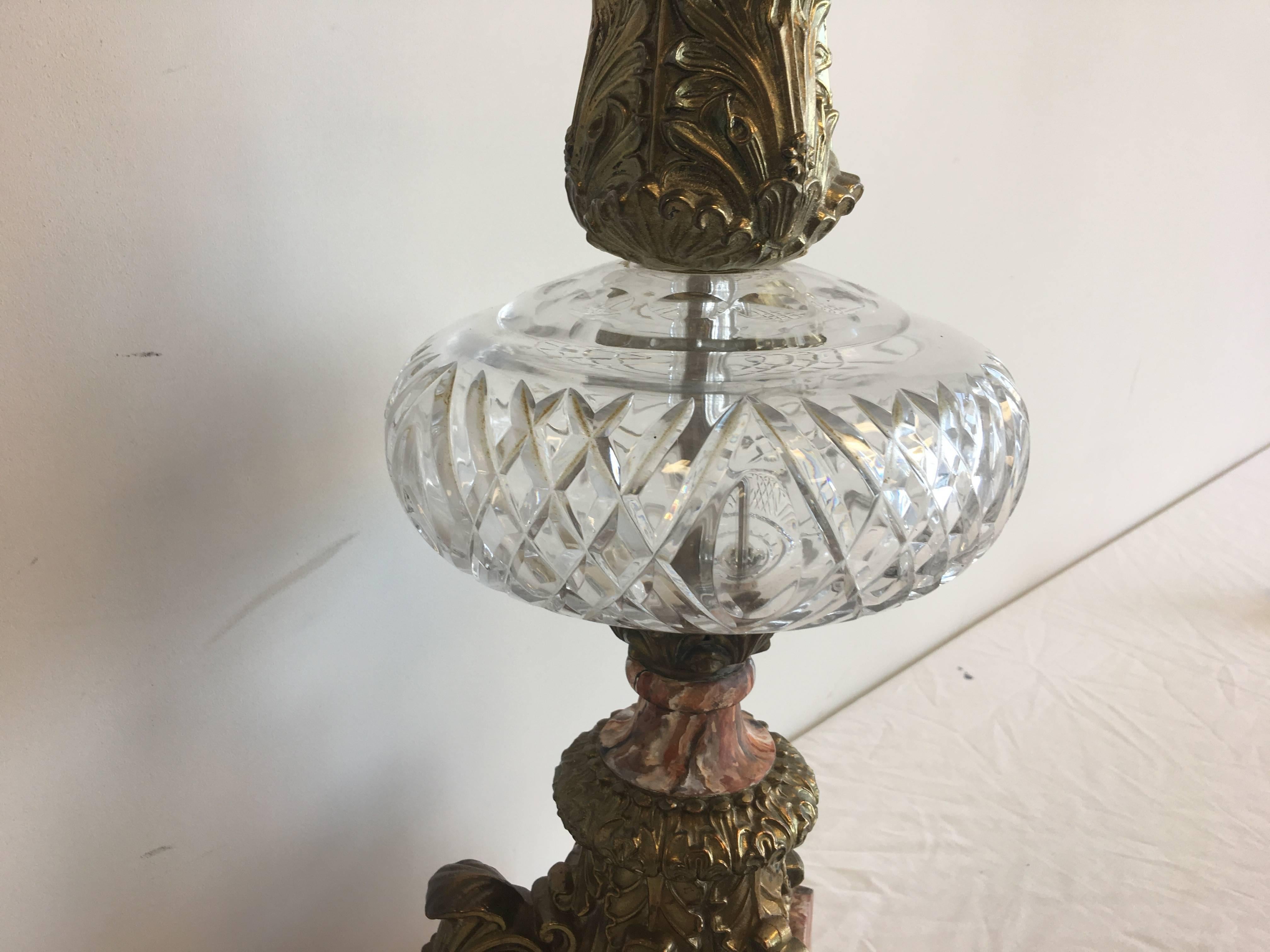 1930s Art Nouveau Bronze, Marble and Crystal Lamp For Sale 1